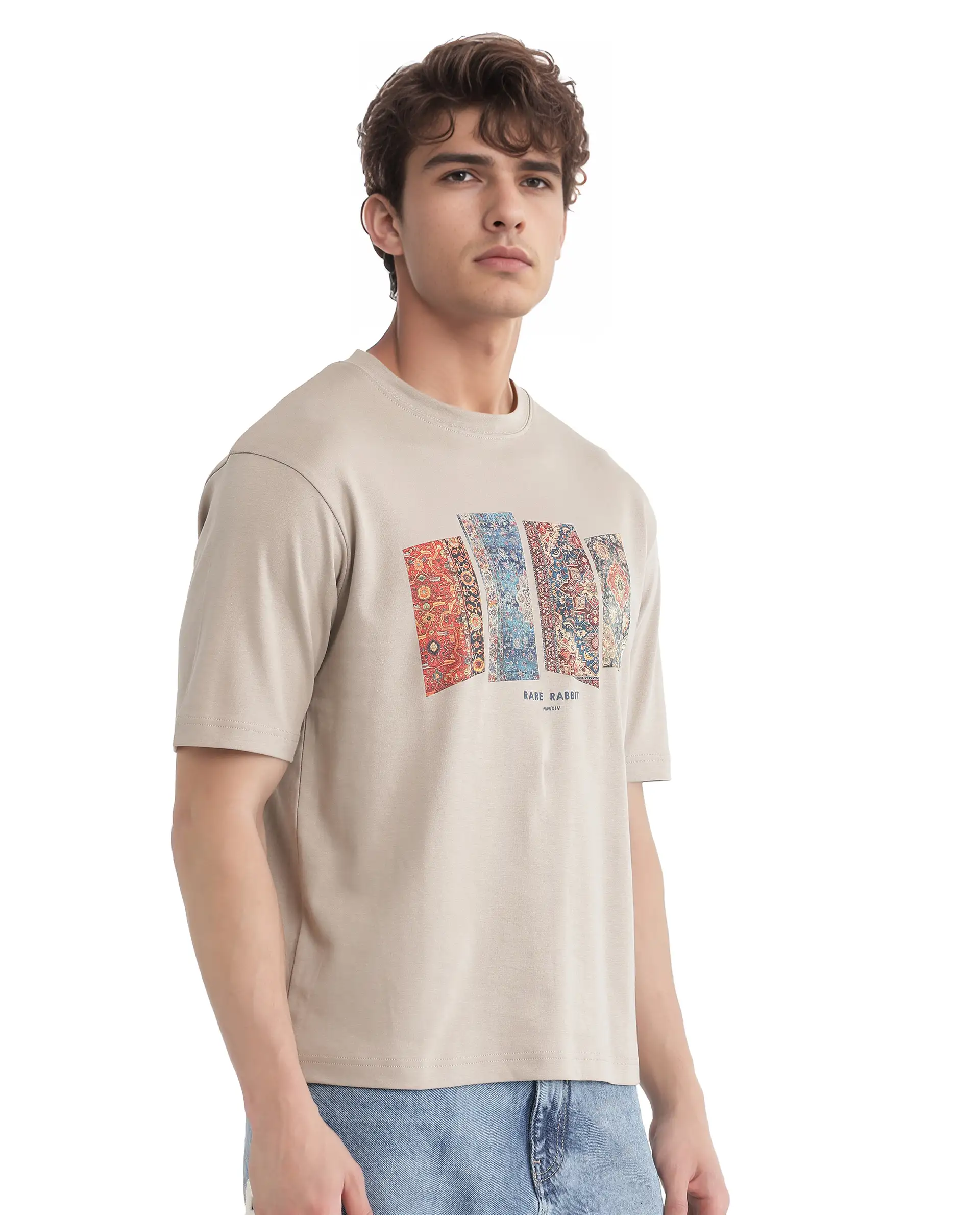 Rare Rabbit Men's Lino Dusky Beige Cotton Graphic Print Qlo Fit Half Sleeve Crew Neck T-Shirt - Image 7