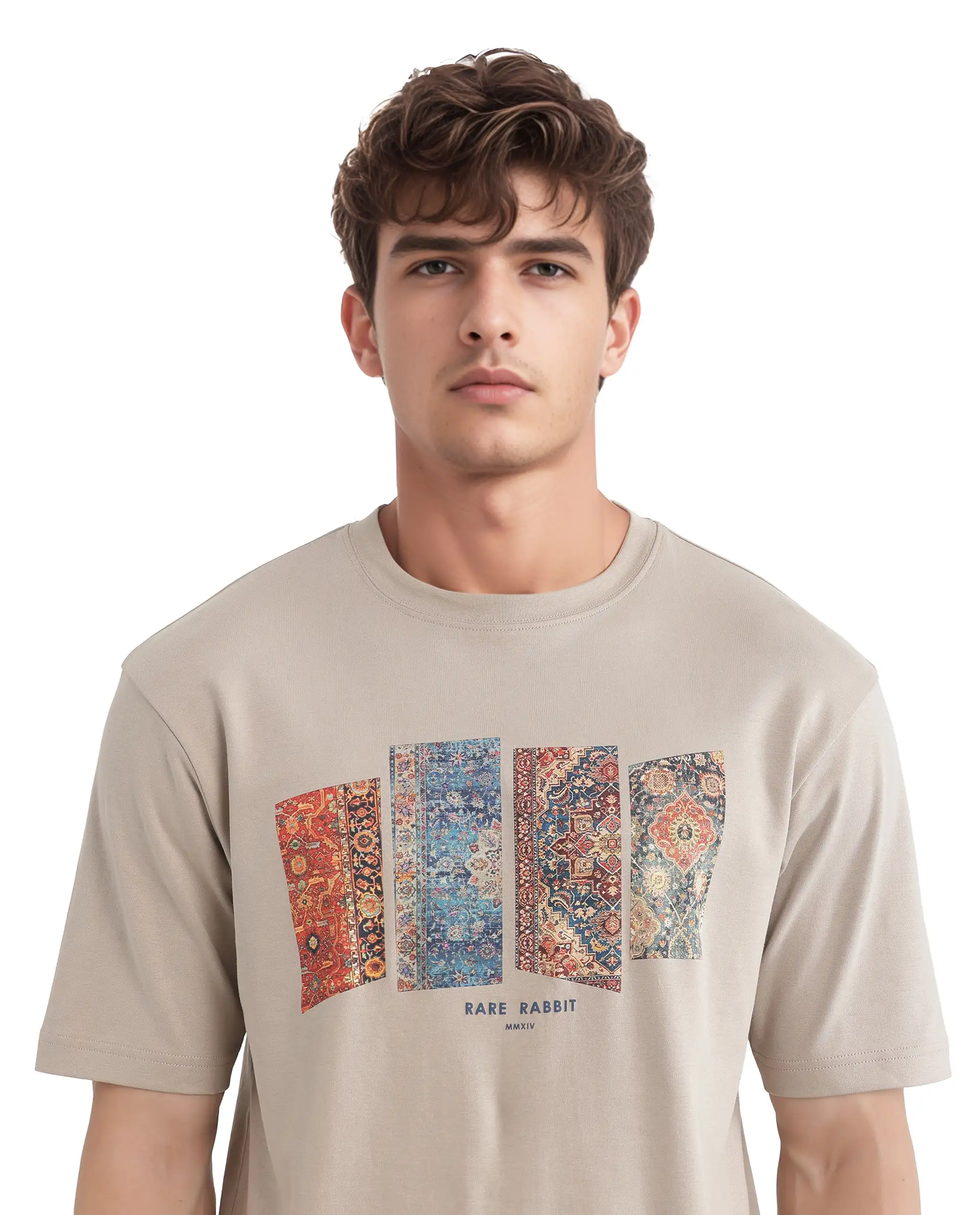 Rare Rabbit Men's Lino Dusky Beige Cotton Graphic Print Qlo Fit Half Sleeve Crew Neck T-Shirt - Image 8