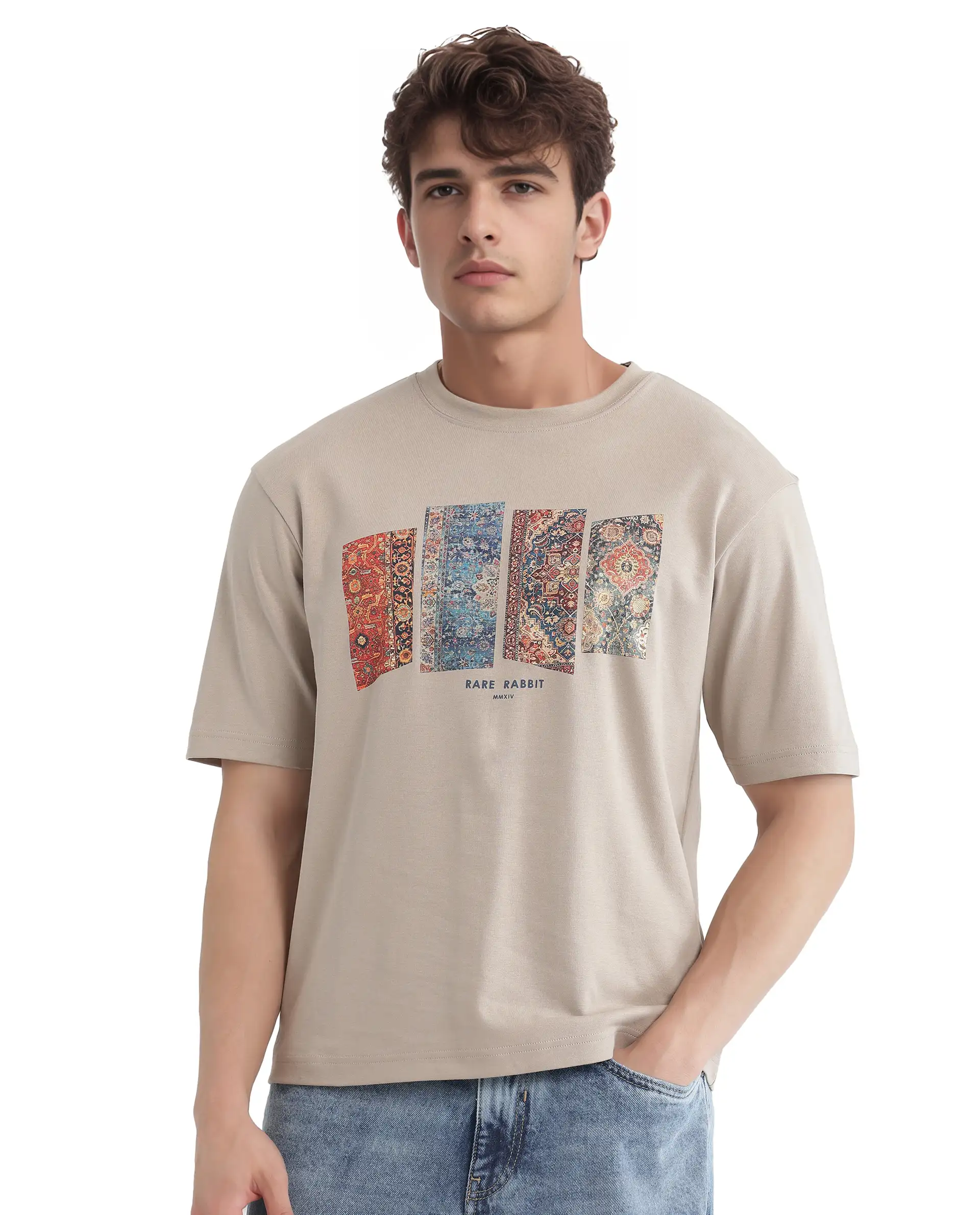 Rare Rabbit Men's Lino Dusky Beige Cotton Graphic Print Qlo Fit Half Sleeve Crew Neck T-Shirt - Image 9
