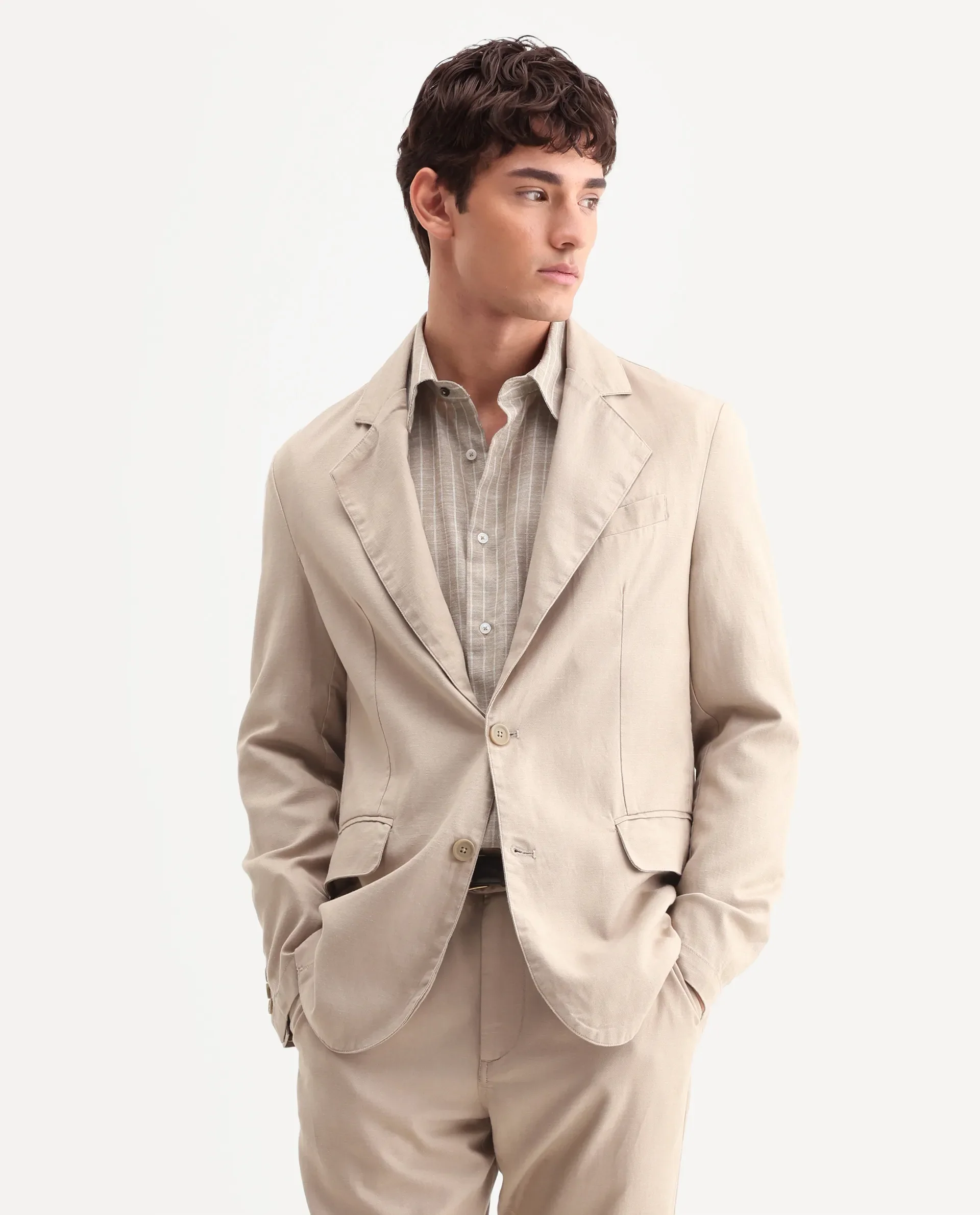 Rare Rabbit Men's Linol Beige Linen Blend Fabric Lapel Neck Tailored Fit Plain Blazer - Image 5