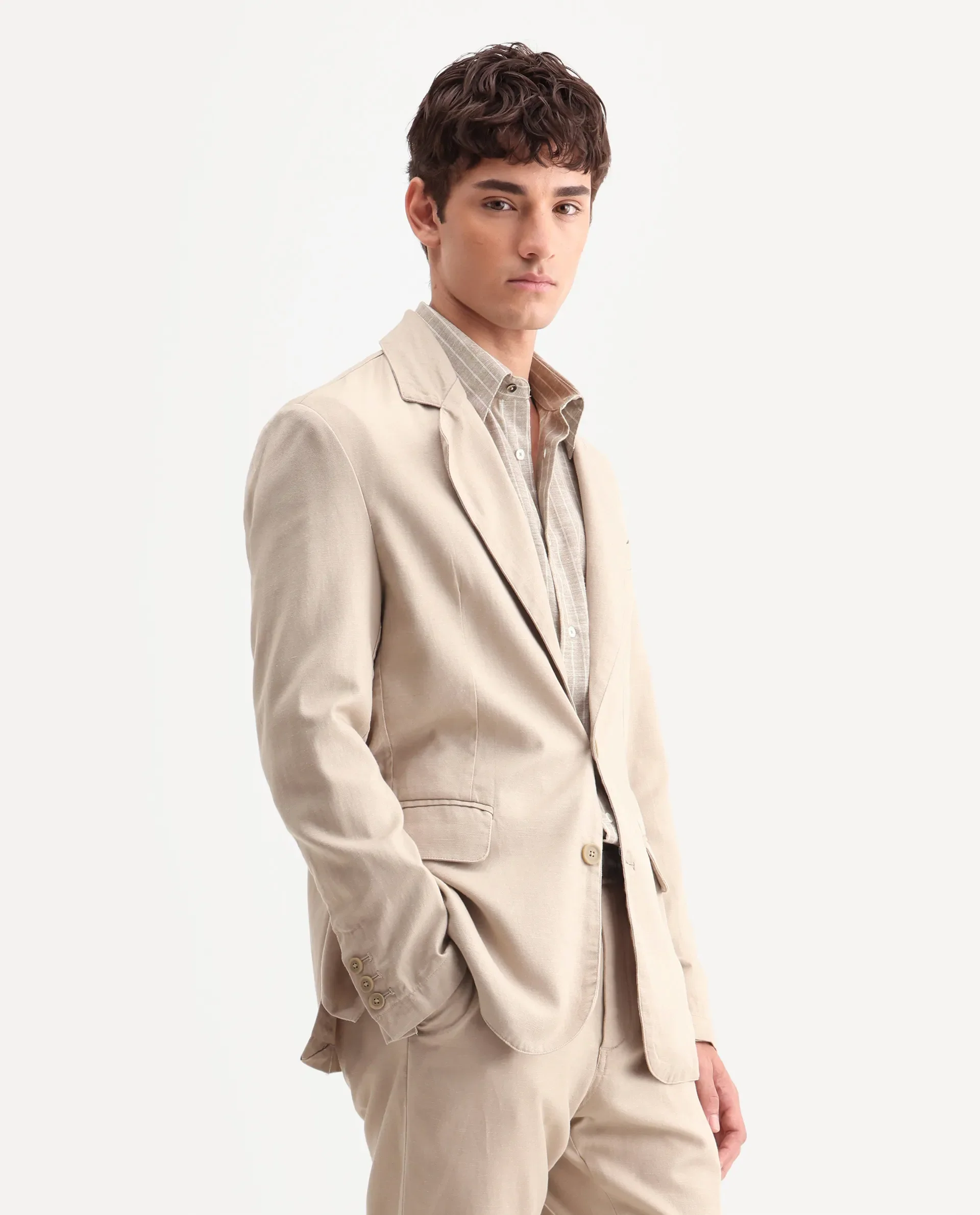 Rare Rabbit Men's Linol Beige Linen Blend Fabric Lapel Neck Tailored Fit Plain Blazer - Image 6