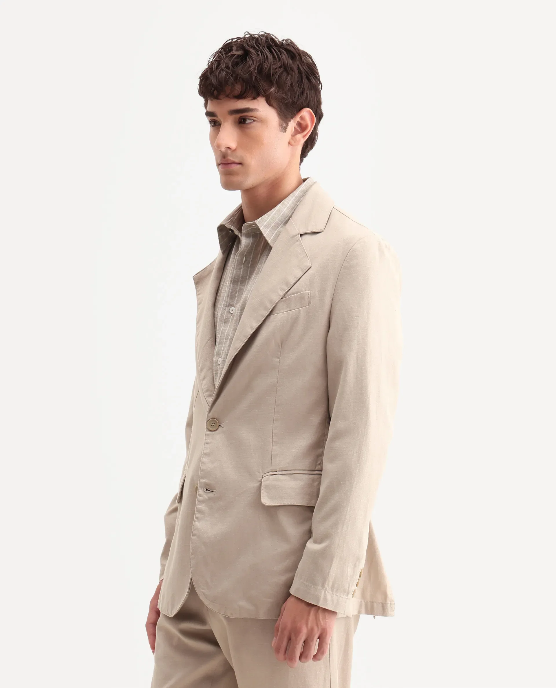 Rare Rabbit Men's Linol Beige Linen Blend Fabric Lapel Neck Tailored Fit Plain Blazer - Image 7