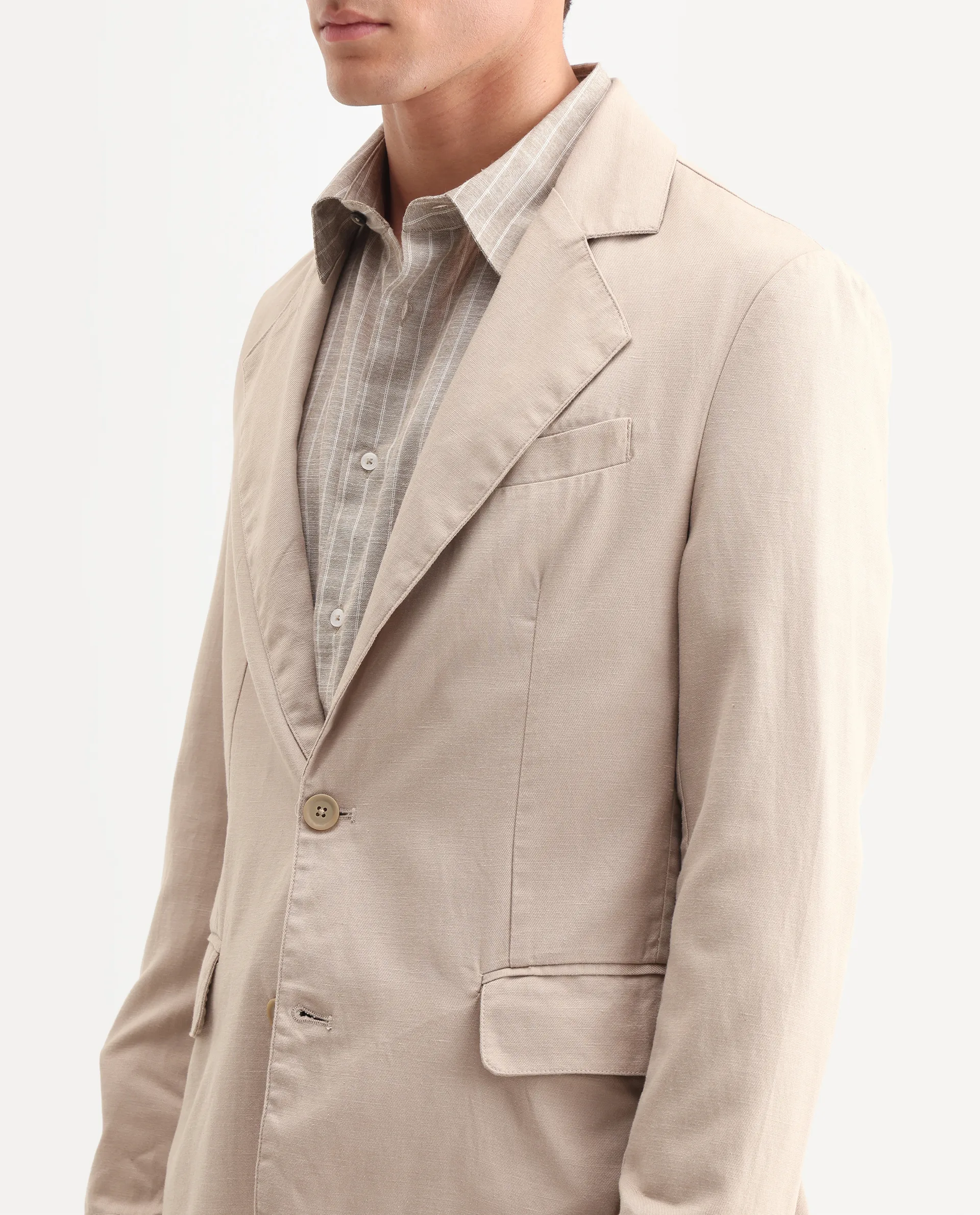 Rare Rabbit Men's Linol Beige Linen Blend Fabric Lapel Neck Tailored Fit Plain Blazer - Image 8