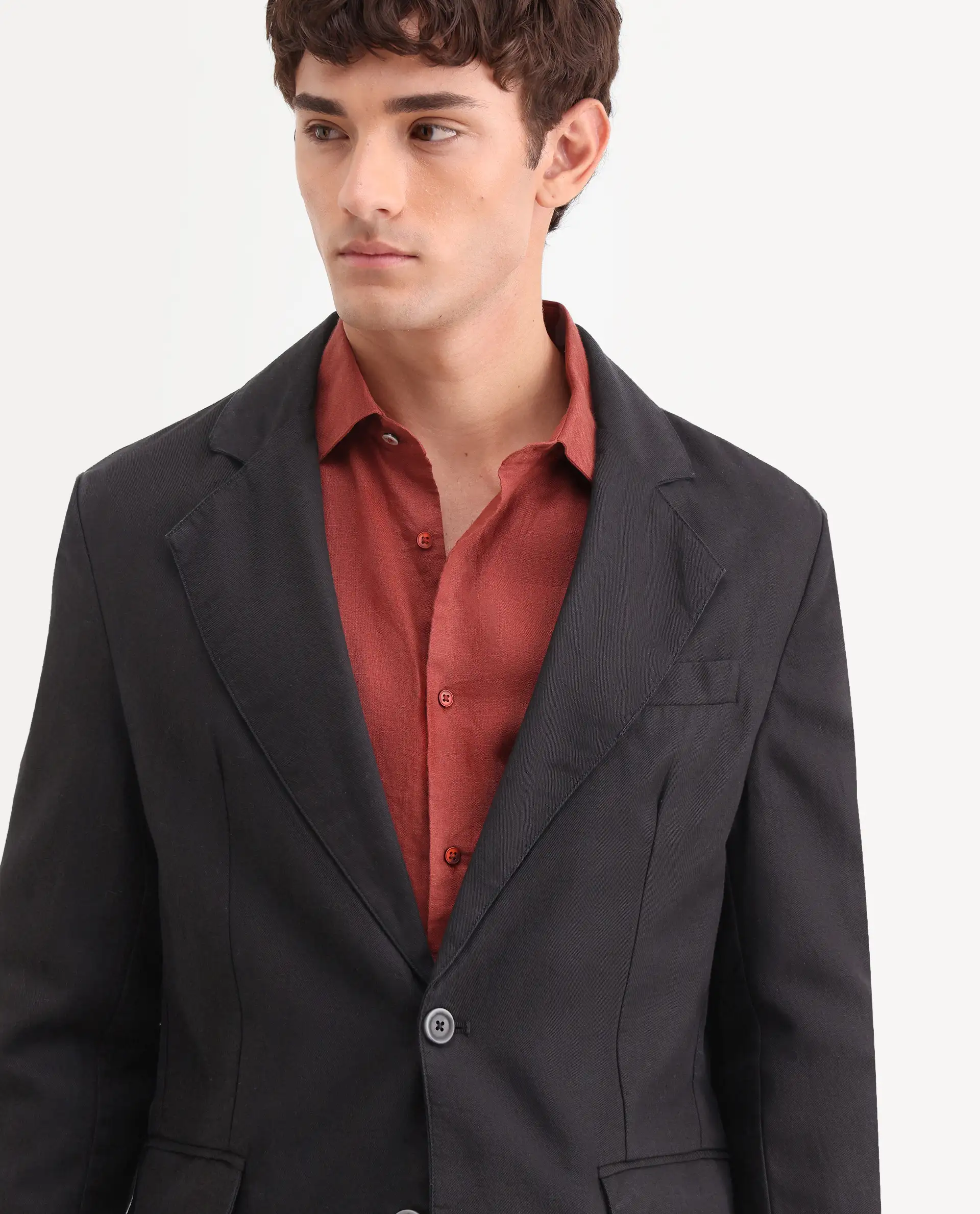 Rare Rabbit Men's Linol Black Linen Blend Fabric Lapel Neck Tailored Fit Plain Blazer - Image 3