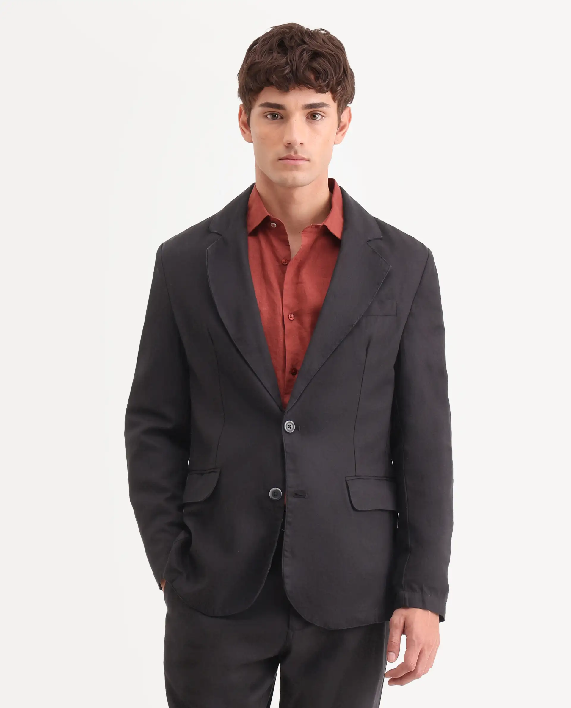 Rare Rabbit Men's Linol Black Linen Blend Fabric Lapel Neck Tailored Fit Plain Blazer - Image 4