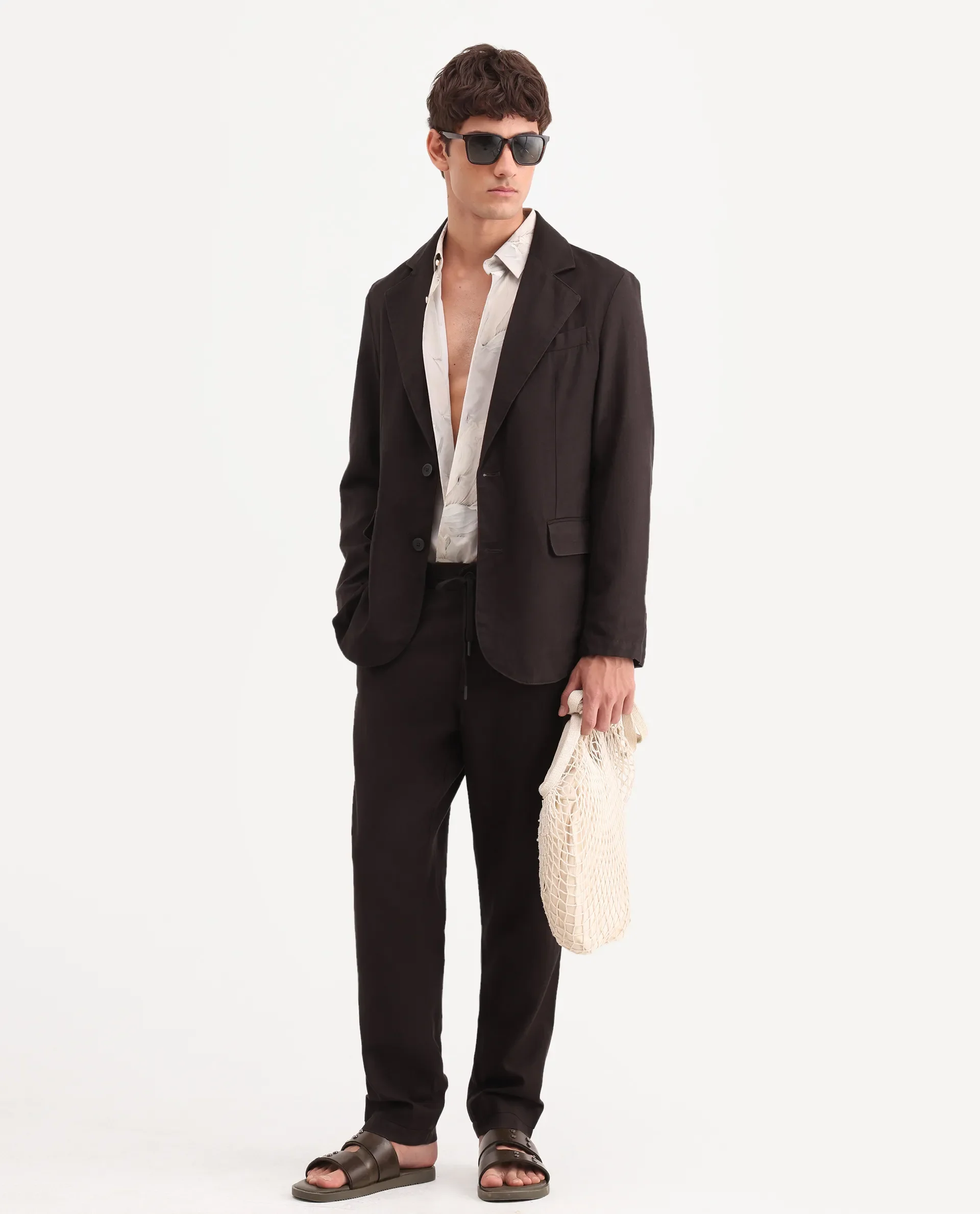 Rare Rabbit Men's Linol Dark Brown Linen Blend Fabric Lapel Neck Tailored Fit Plain Blazer - Image 2