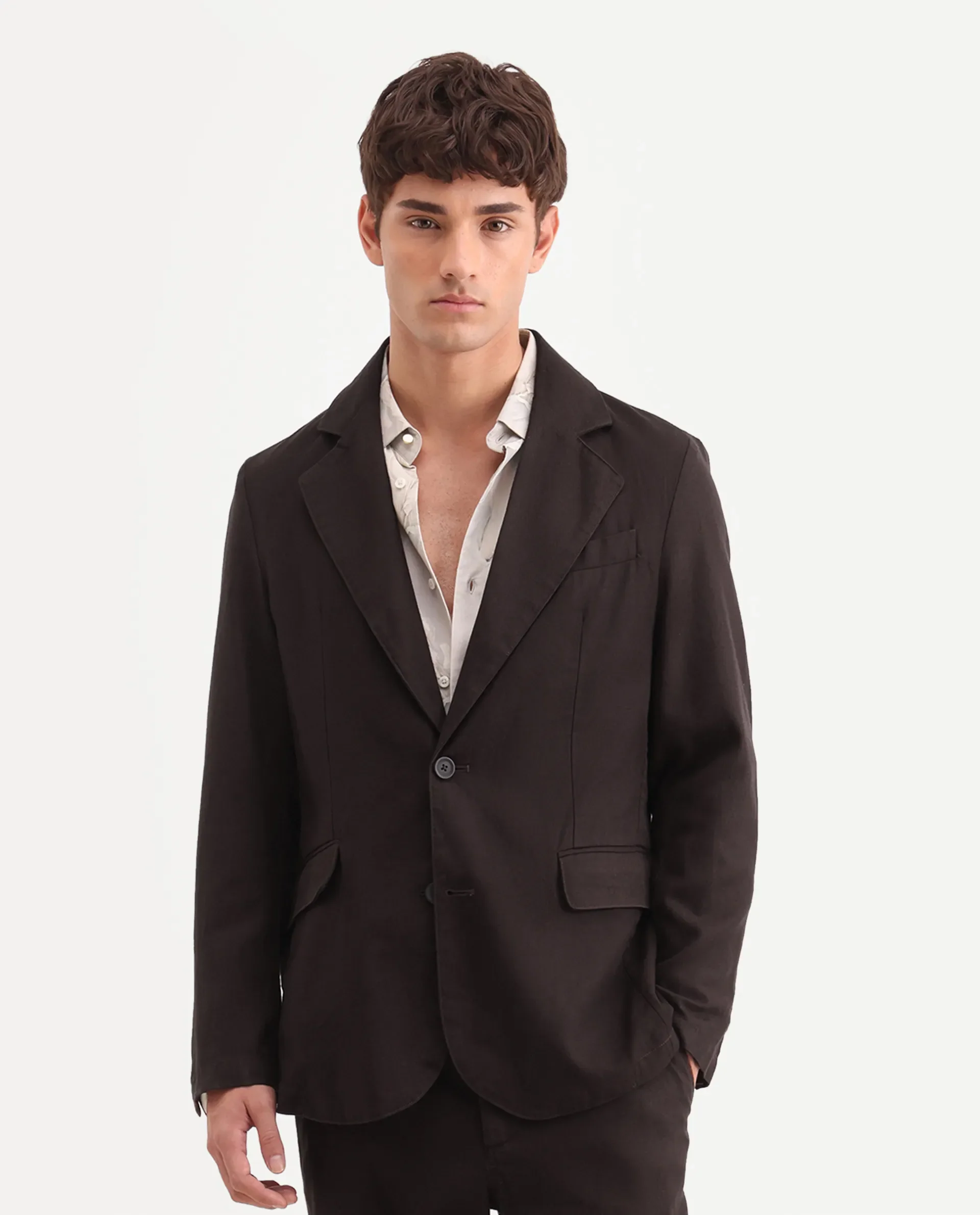 Rare Rabbit Men's Linol Dark Brown Linen Blend Fabric Lapel Neck Tailored Fit Plain Blazer - Image 4