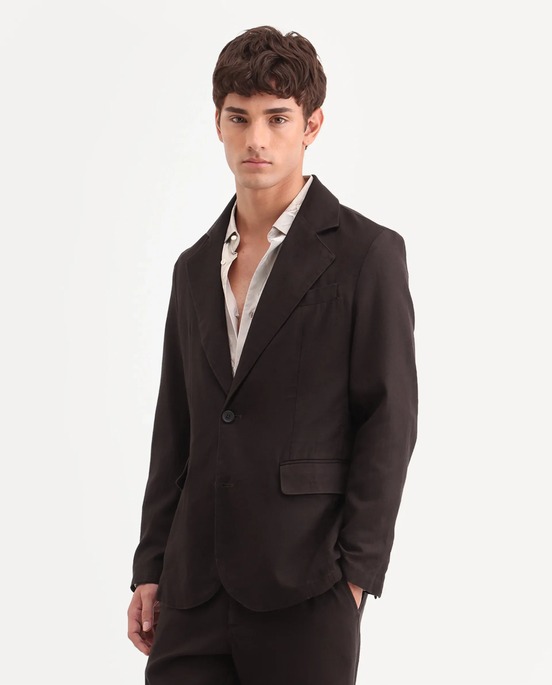 Rare Rabbit Men's Linol Dark Brown Linen Blend Fabric Lapel Neck Tailored Fit Plain Blazer - Image 5
