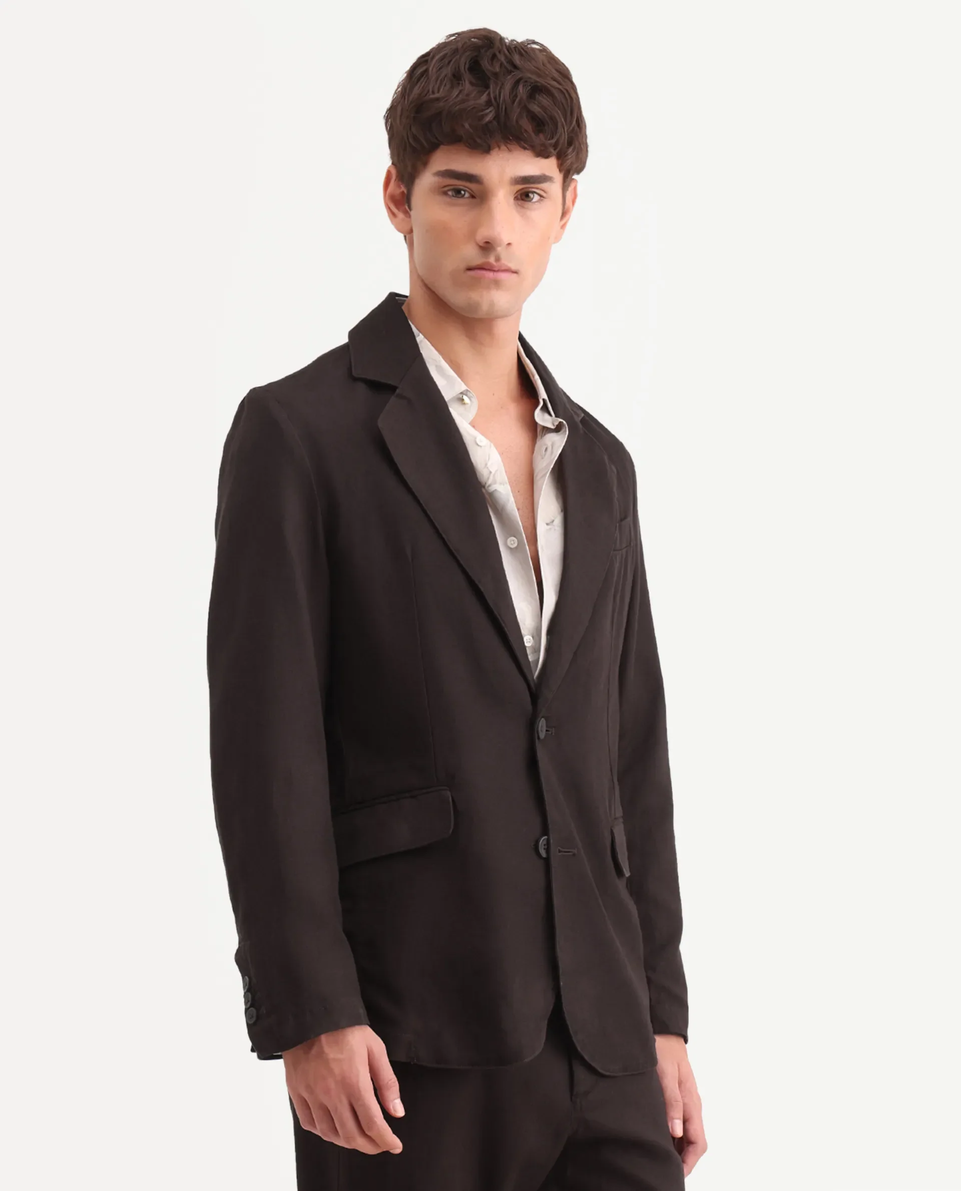 Rare Rabbit Men's Linol Dark Brown Linen Blend Fabric Lapel Neck Tailored Fit Plain Blazer - Image 6