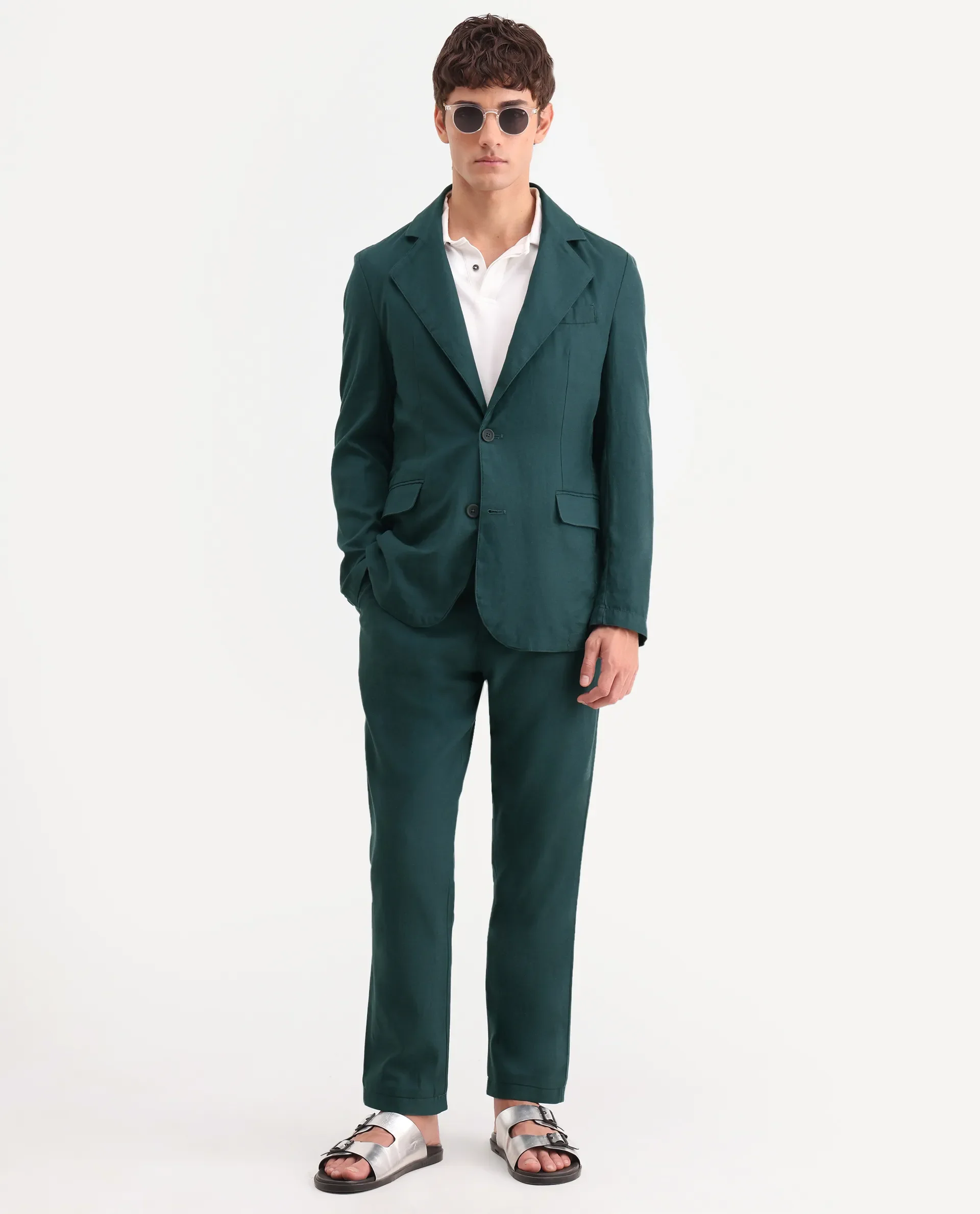 Rare Rabbit Men's Linol Dark Green Linen Blend Fabric Lapel Neck Tailored Fit Plain Blazer - Image 2