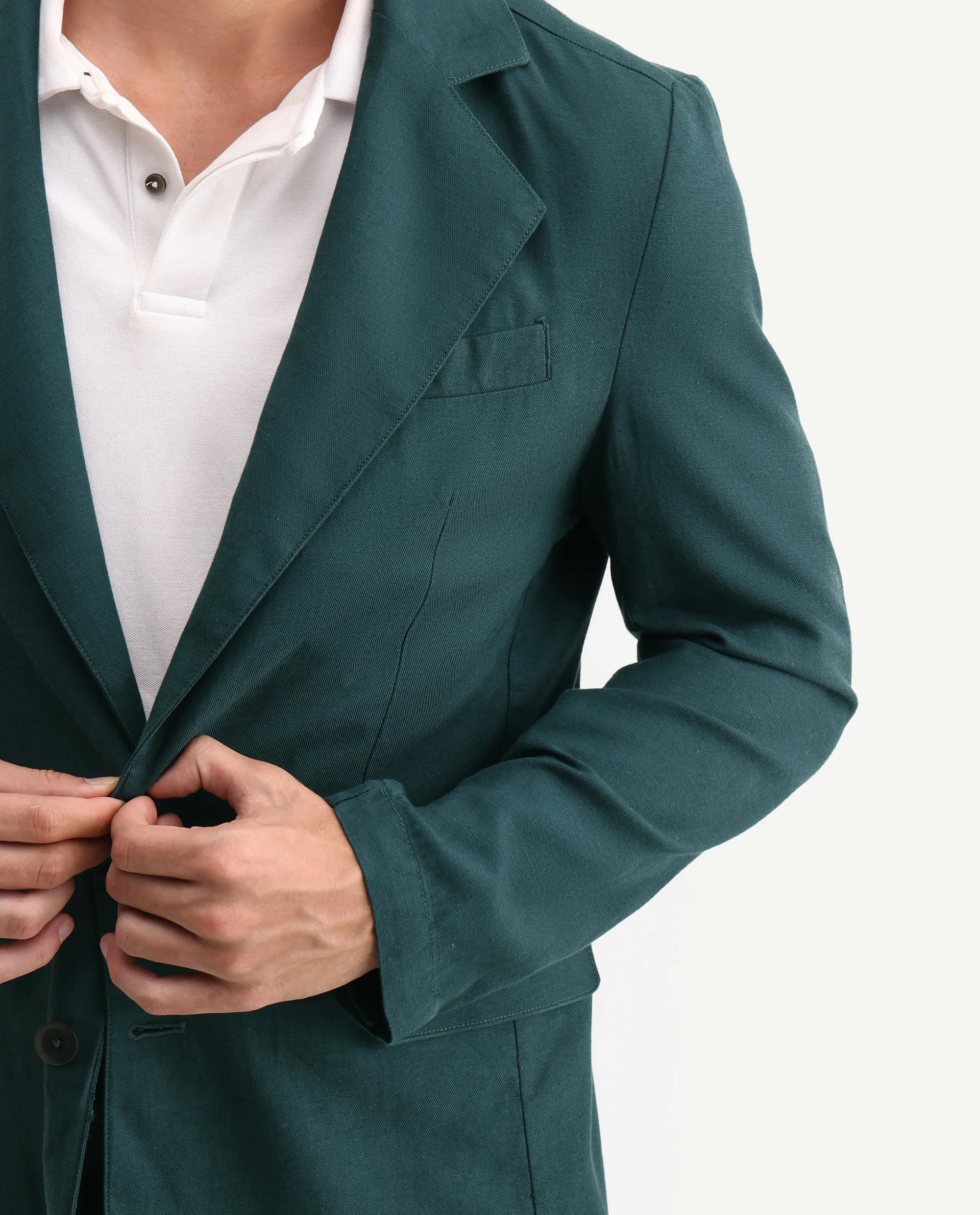 Rare Rabbit Men's Linol Dark Green Linen Blend Fabric Lapel Neck Tailored Fit Plain Blazer - Image 3