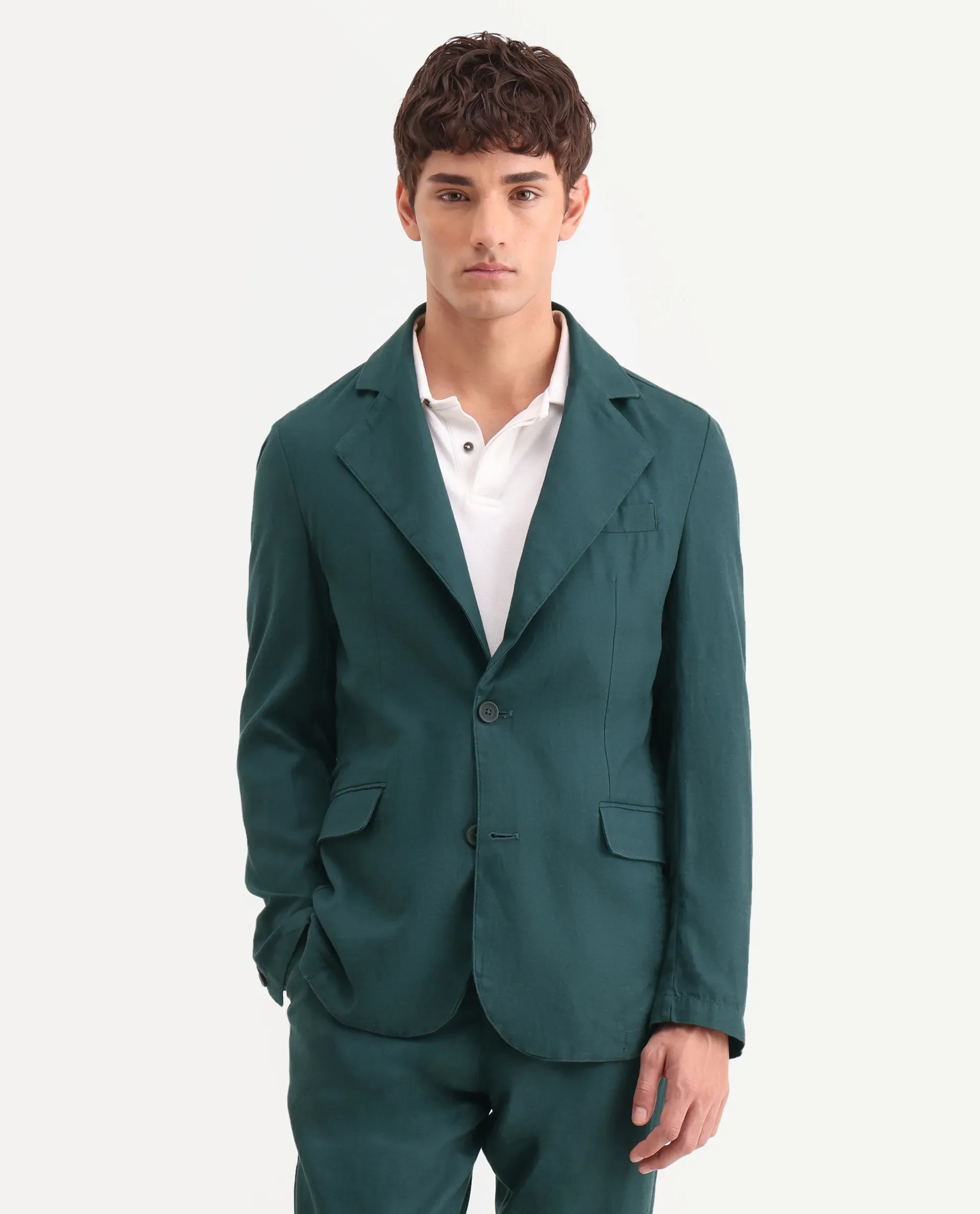 Rare Rabbit Men's Linol Dark Green Linen Blend Fabric Lapel Neck Tailored Fit Plain Blazer - Image 4