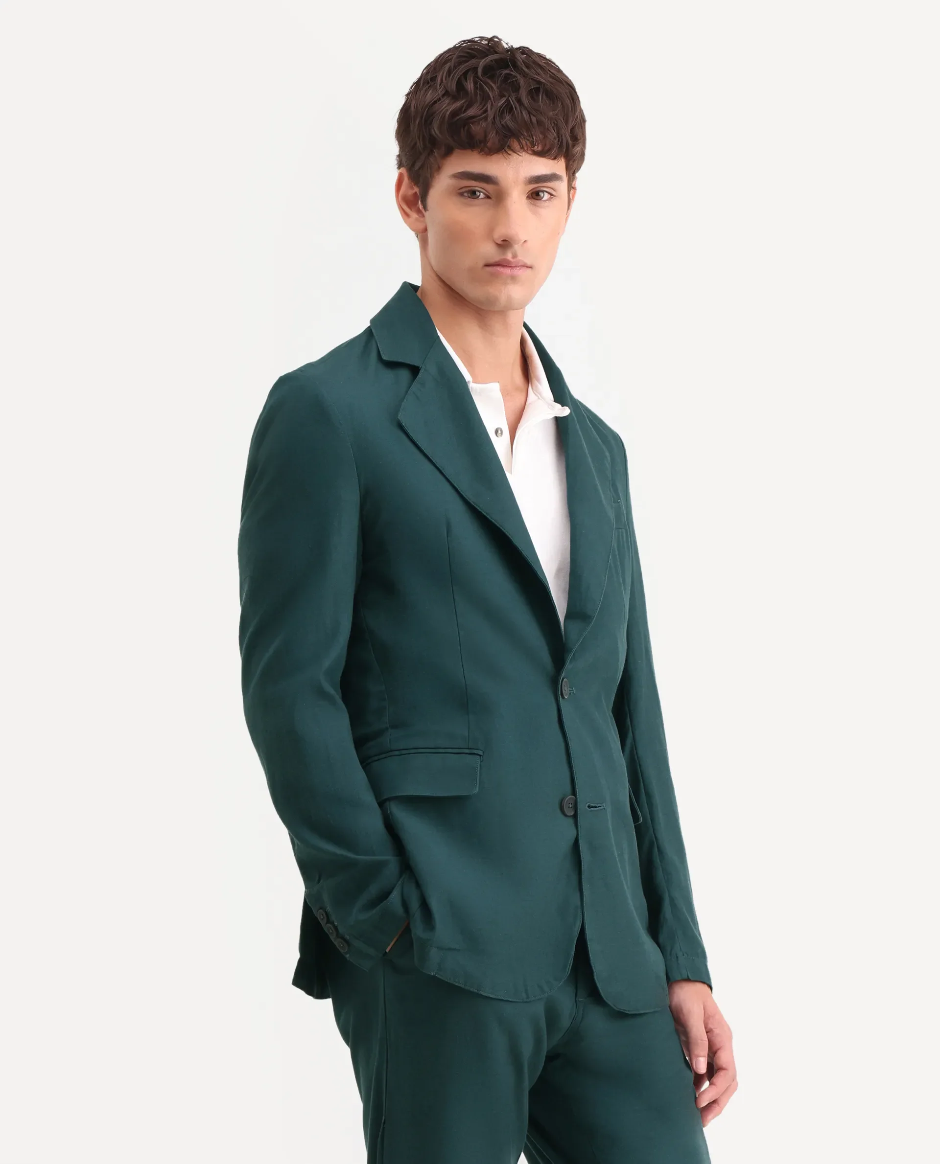 Rare Rabbit Men's Linol Dark Green Linen Blend Fabric Lapel Neck Tailored Fit Plain Blazer - Image 5