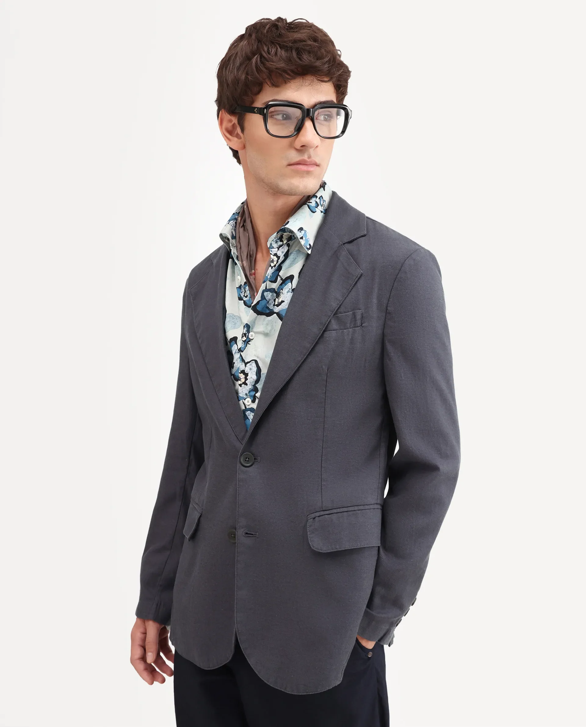 Rare Rabbit Men's Linol Dark Grey Linen Blend Fabric Lapel Neck Tailored Fit Plain Blazer