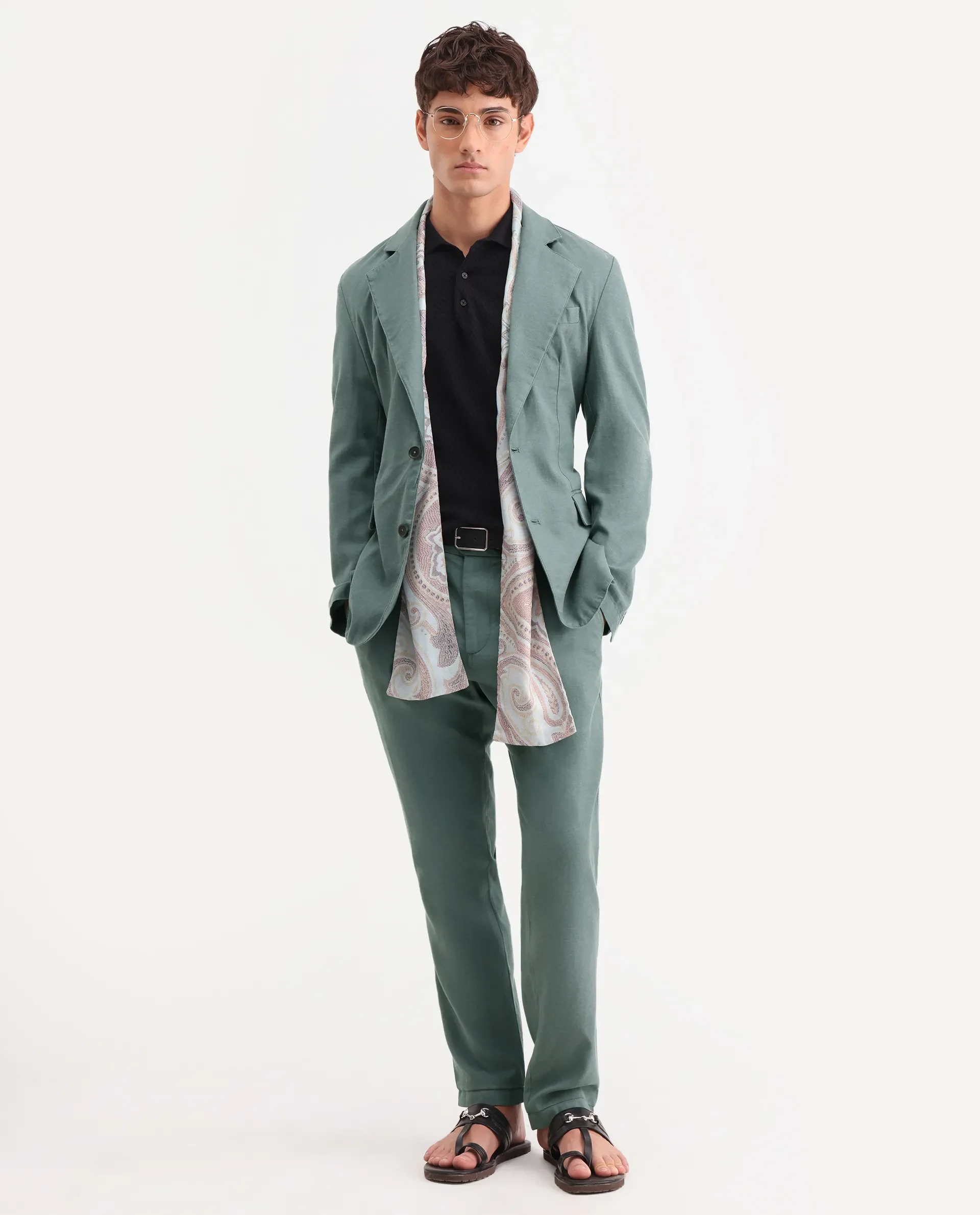 Rare Rabbit Men's Linol Dusky Green Linen Blend Fabric Lapel Neck Tailored Fit Plain Blazer - Image 2