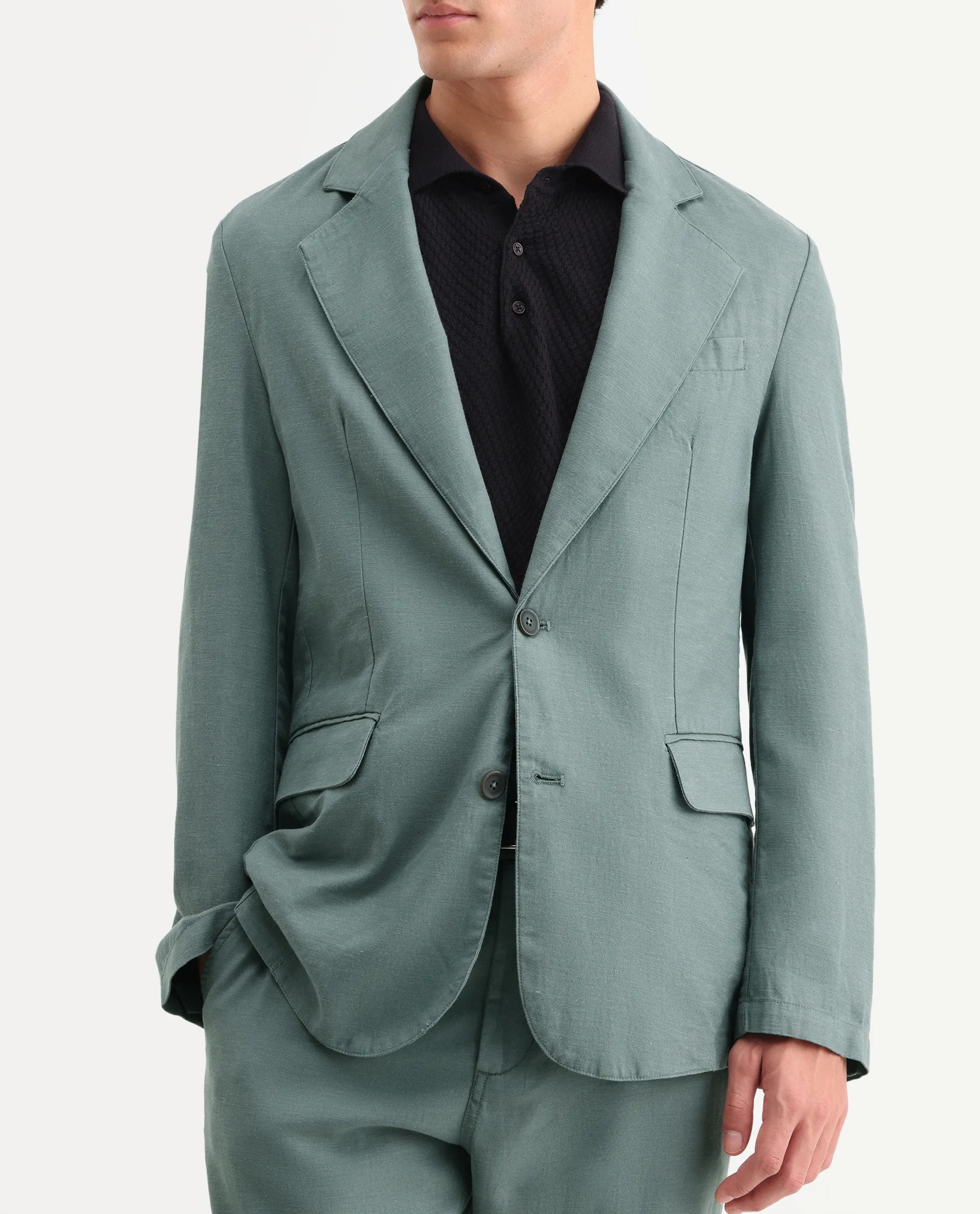 Rare Rabbit Men's Linol Dusky Green Linen Blend Fabric Lapel Neck Tailored Fit Plain Blazer - Image 3