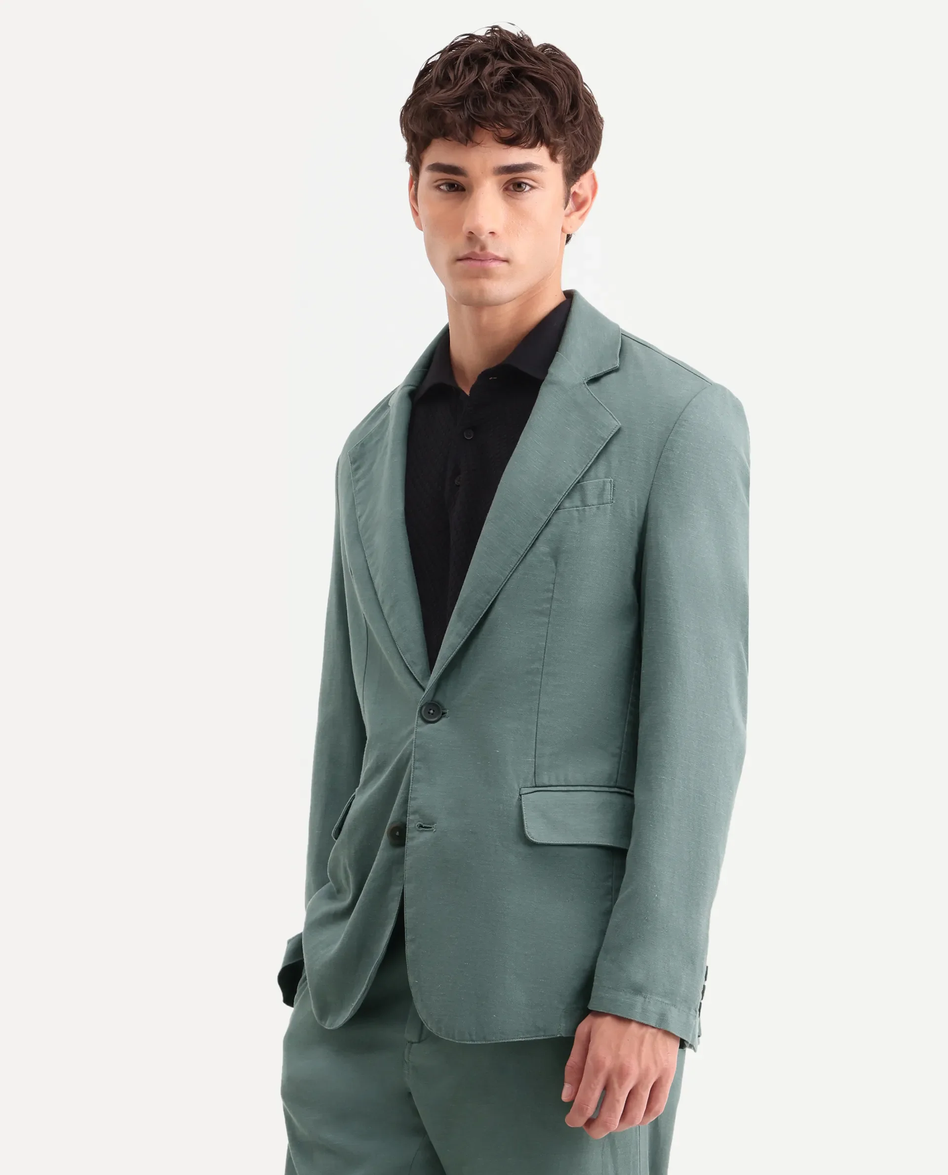 Rare Rabbit Men's Linol Dusky Green Linen Blend Fabric Lapel Neck Tailored Fit Plain Blazer - Image 4