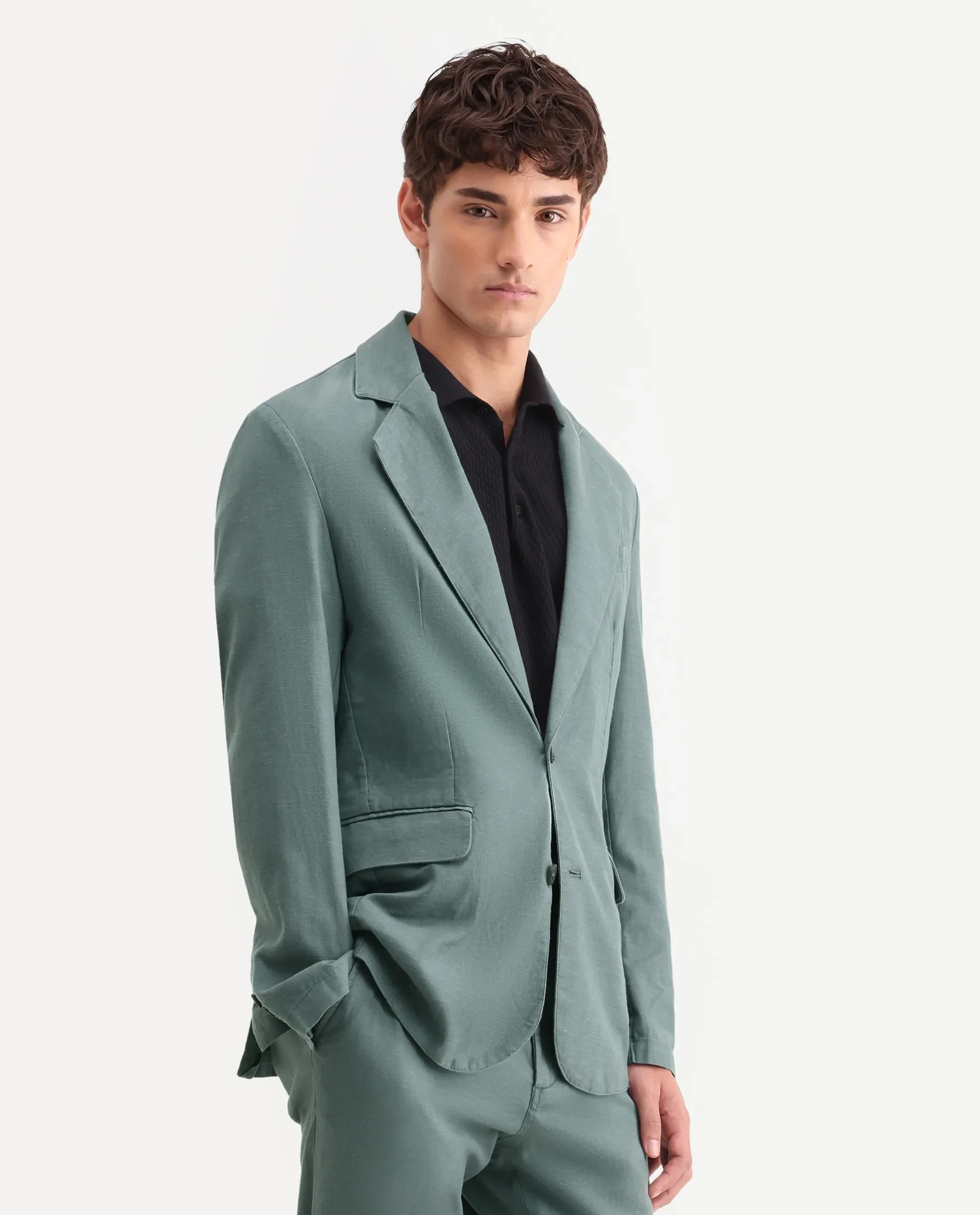 Rare Rabbit Men's Linol Dusky Green Linen Blend Fabric Lapel Neck Tailored Fit Plain Blazer - Image 5