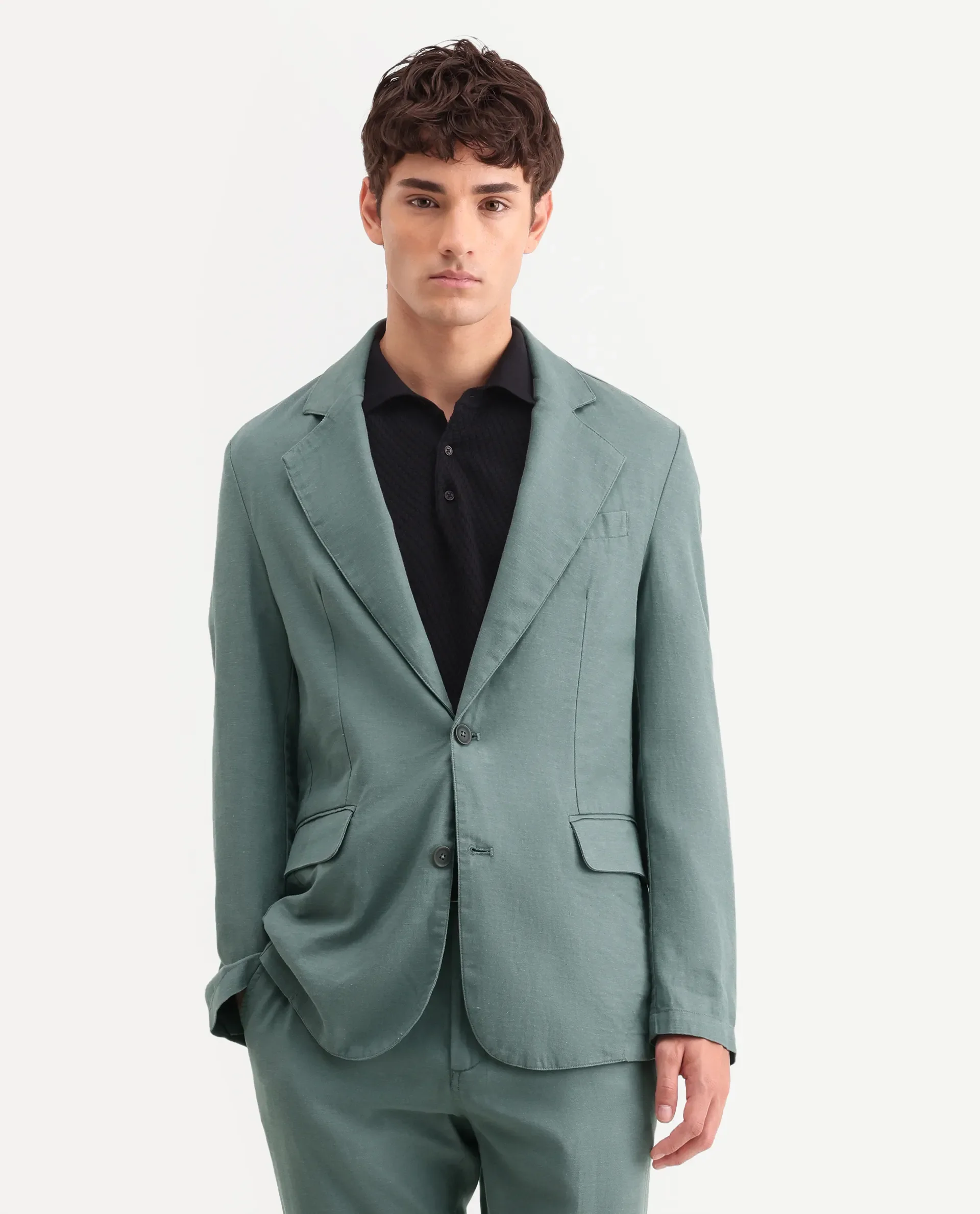 Rare Rabbit Men's Linol Dusky Green Linen Blend Fabric Lapel Neck Tailored Fit Plain Blazer - Image 6