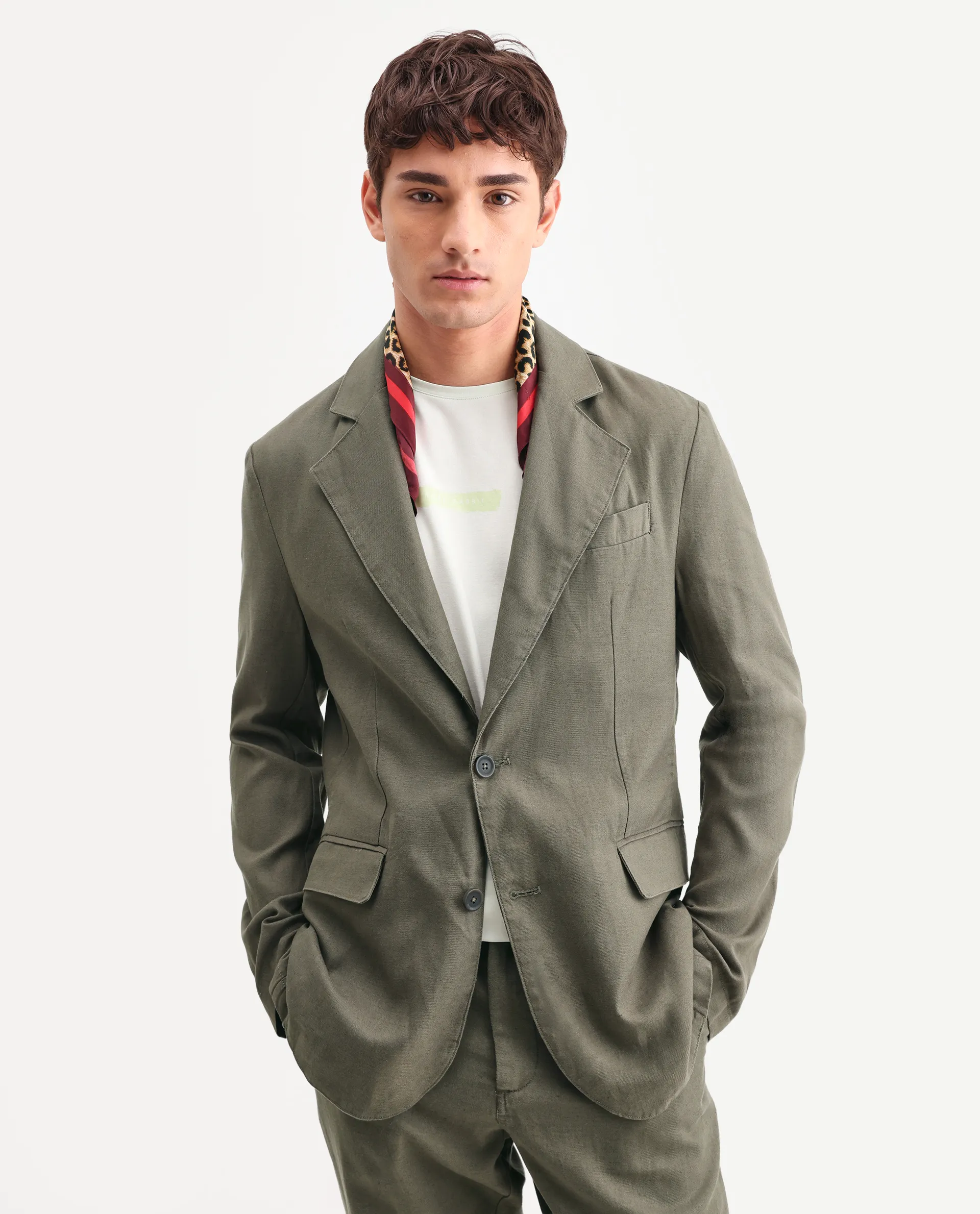 Rare Rabbit Men's Linol Dusky Olive Linen Blend Fabric Lapel Neck Tailored Fit Plain Blazer