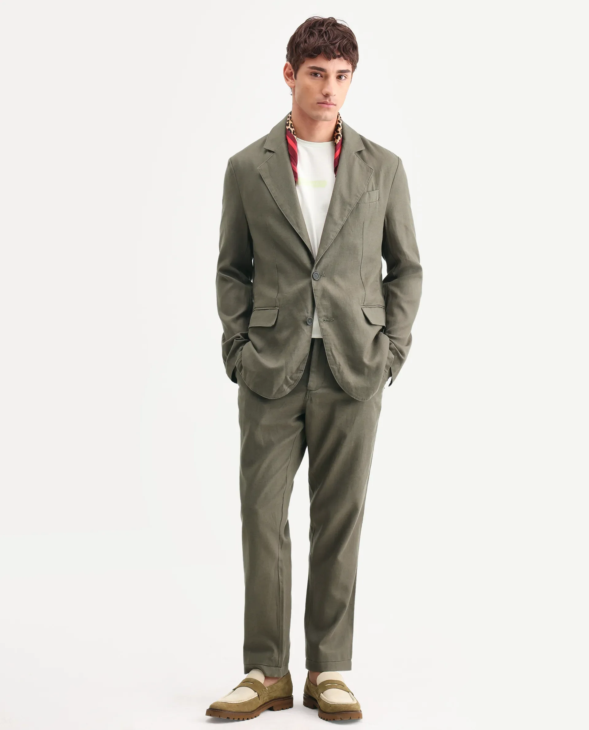 Rare Rabbit Men's Linol Dusky Olive Linen Blend Fabric Lapel Neck Tailored Fit Plain Blazer - Image 2