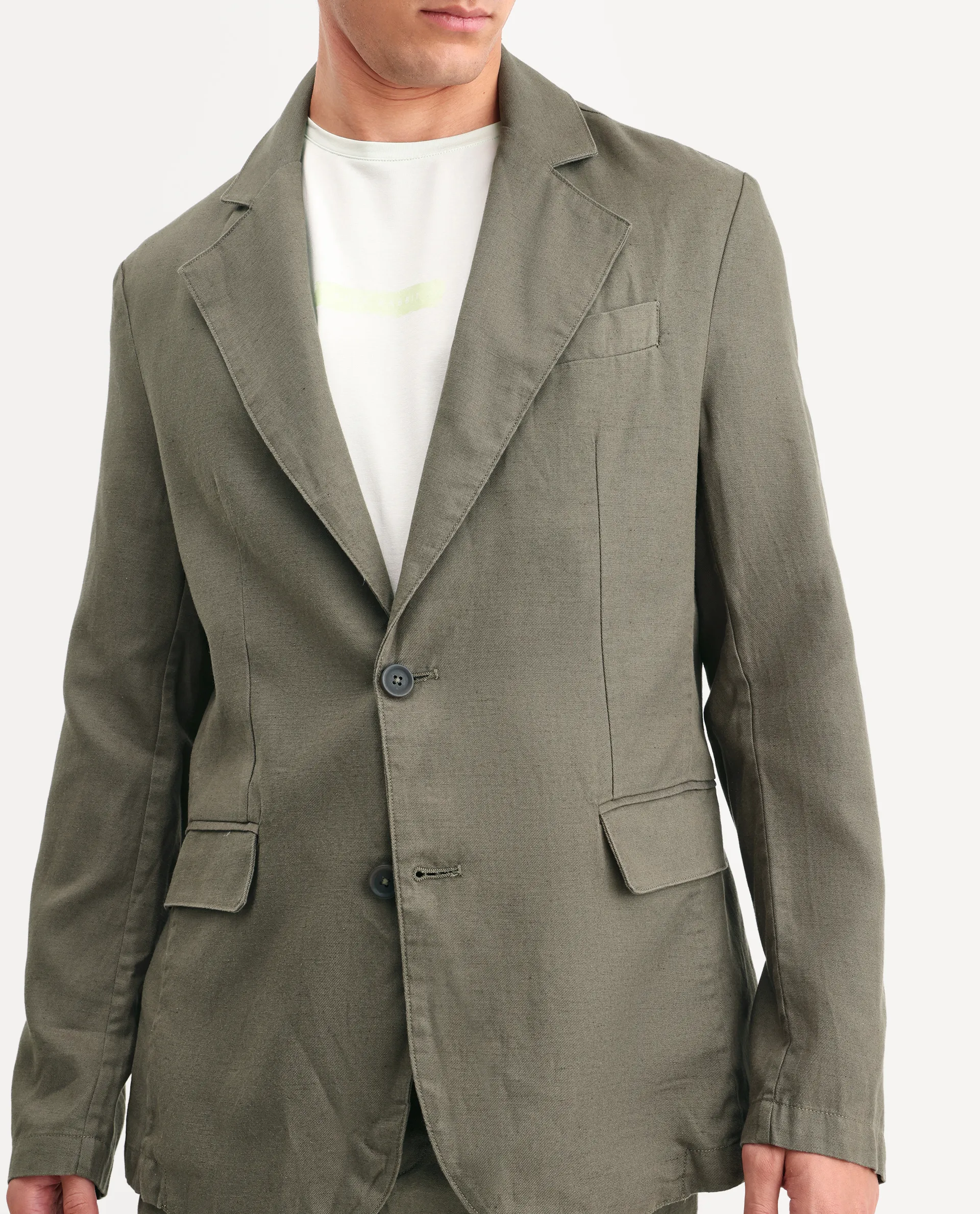 Rare Rabbit Men's Linol Dusky Olive Linen Blend Fabric Lapel Neck Tailored Fit Plain Blazer - Image 3