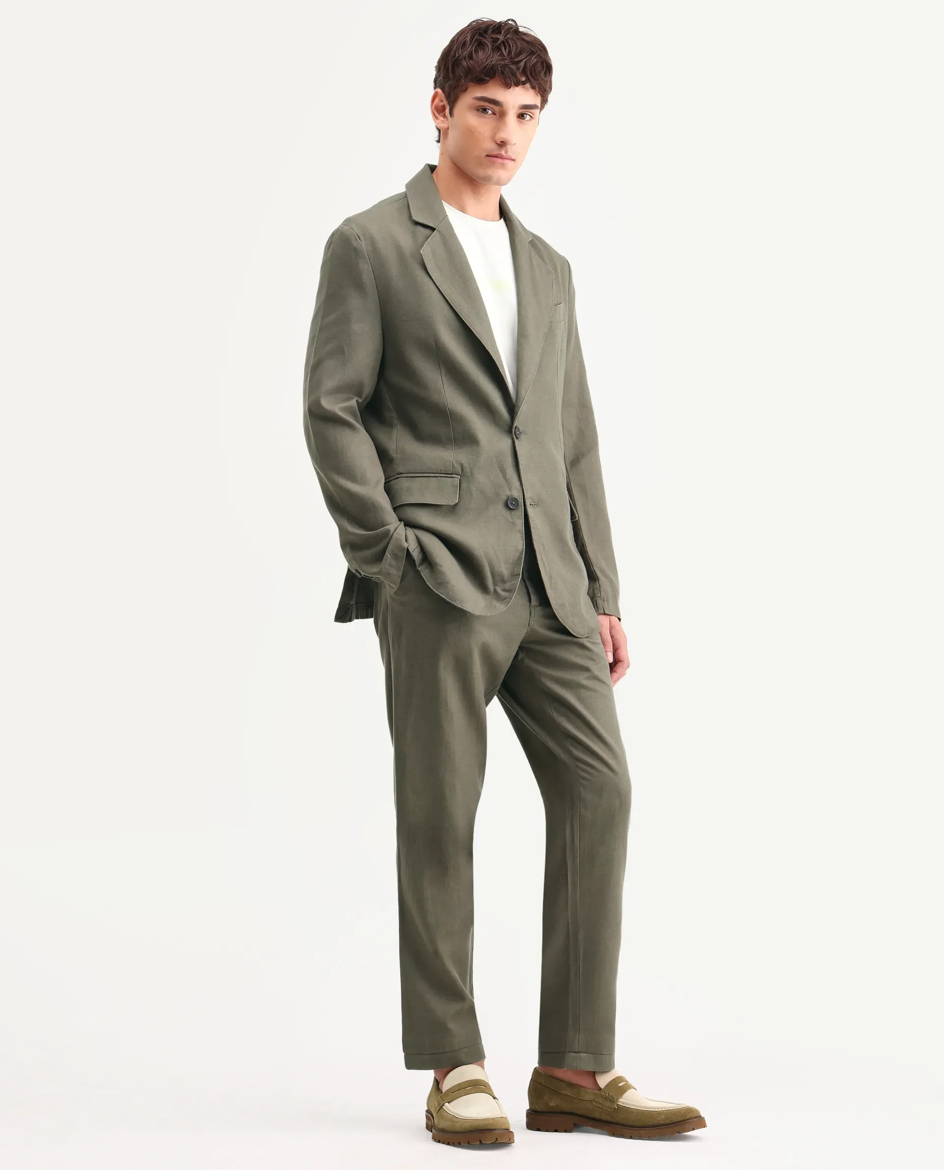 Rare Rabbit Men's Linol Dusky Olive Linen Blend Fabric Lapel Neck Tailored Fit Plain Blazer - Image 4