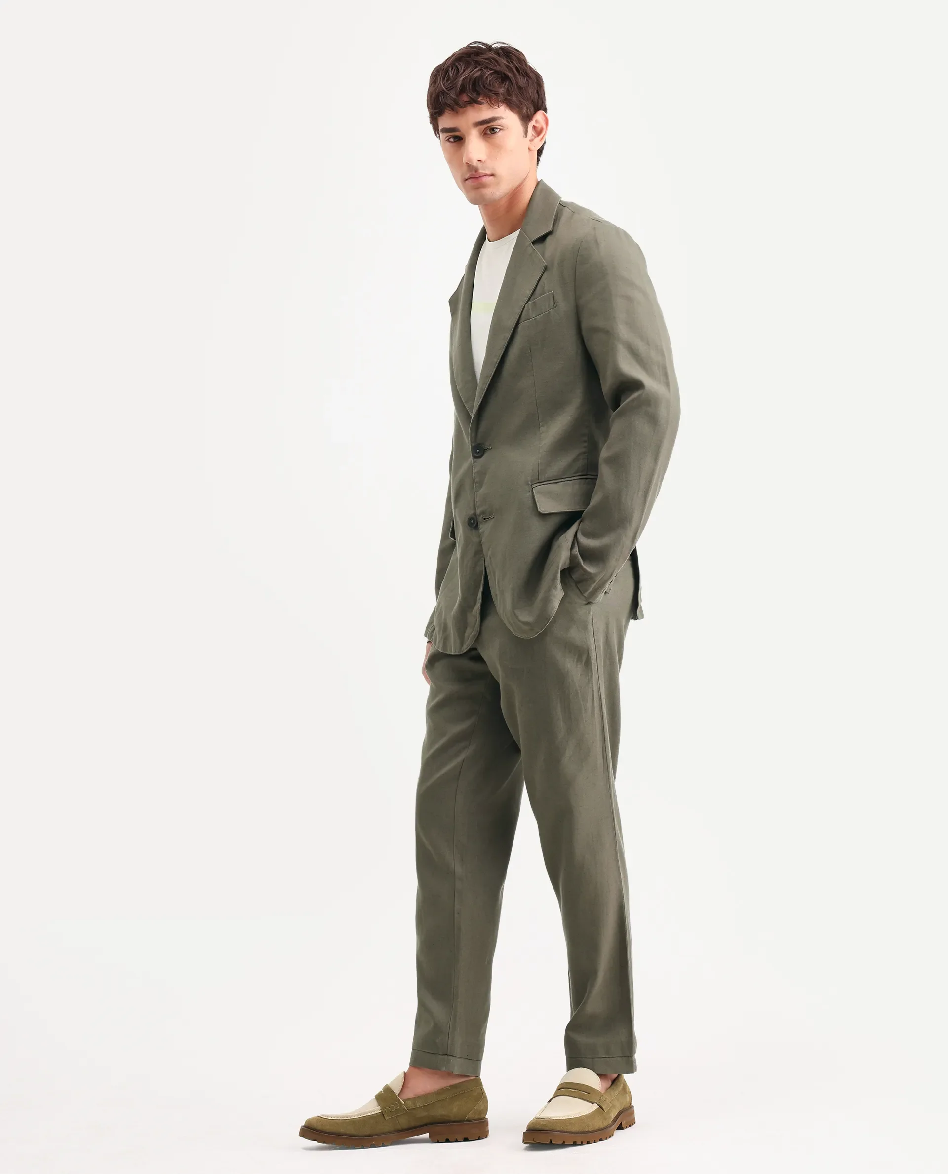 Rare Rabbit Men's Linol Dusky Olive Linen Blend Fabric Lapel Neck Tailored Fit Plain Blazer - Image 5