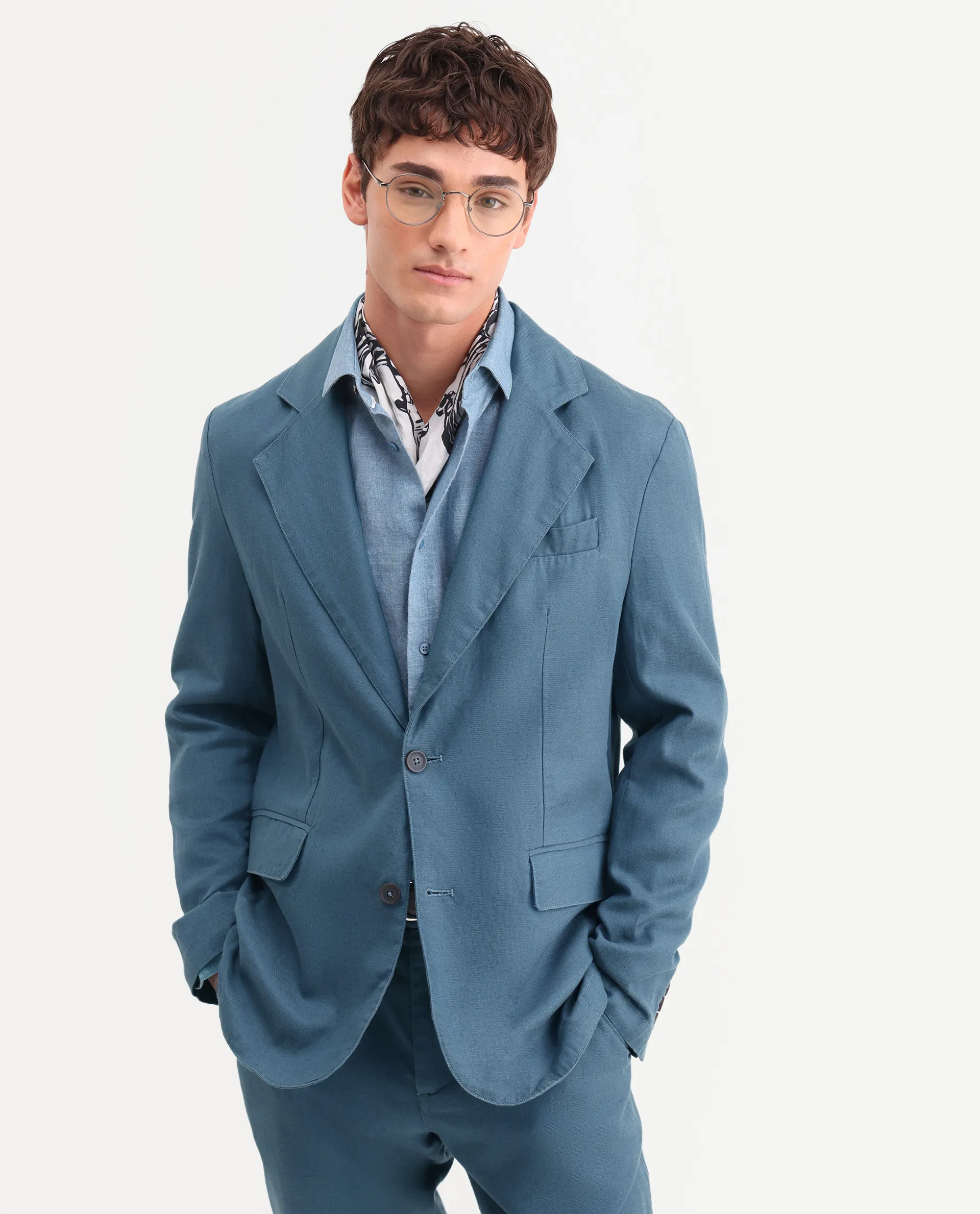 Rare Rabbit Men's Linol Dusky Petrol Linen Blend Fabric Lapel Neck Tailored Fit Plain Blazer
