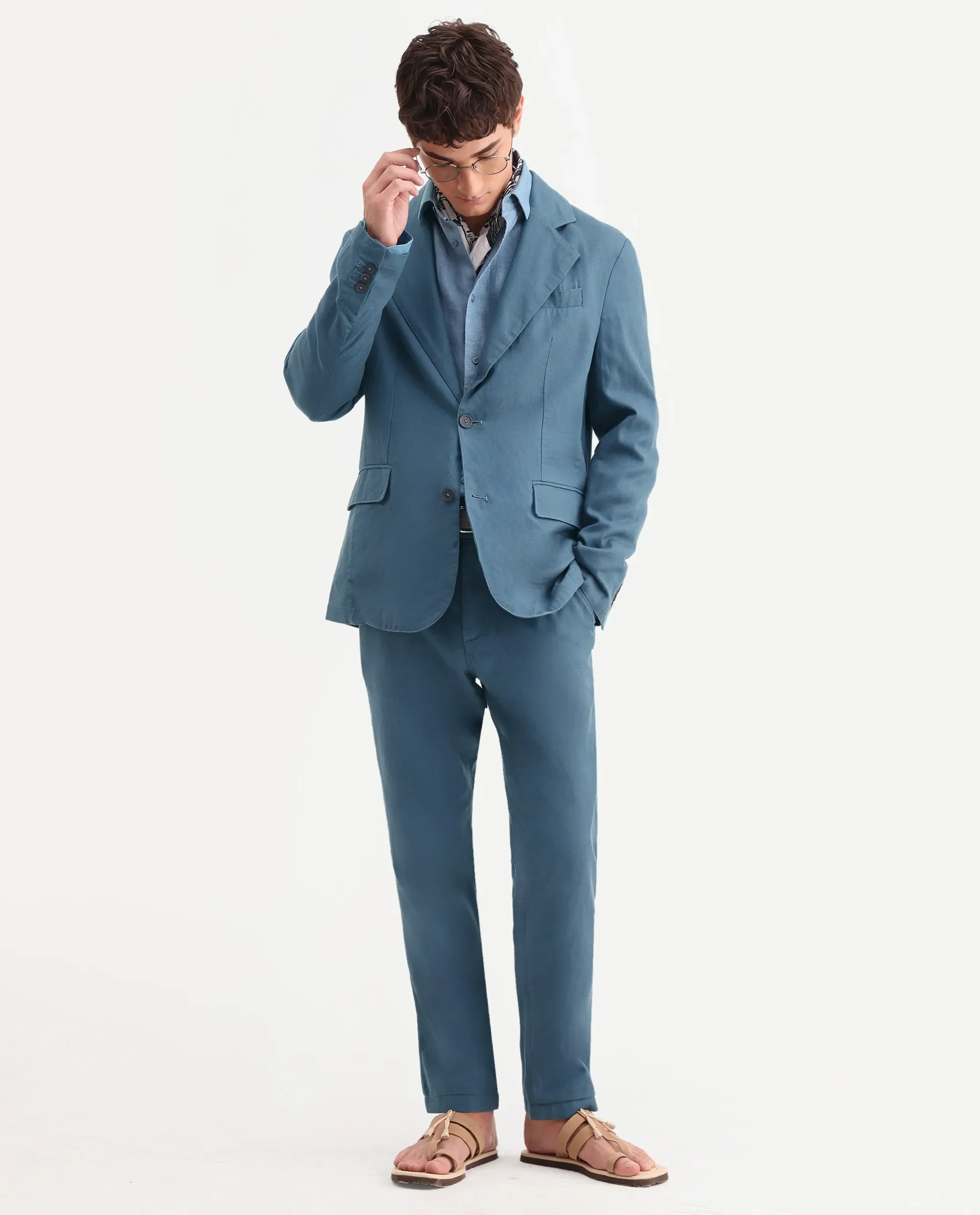 Rare Rabbit Men's Linol Dusky Petrol Linen Blend Fabric Lapel Neck Tailored Fit Plain Blazer - Image 2