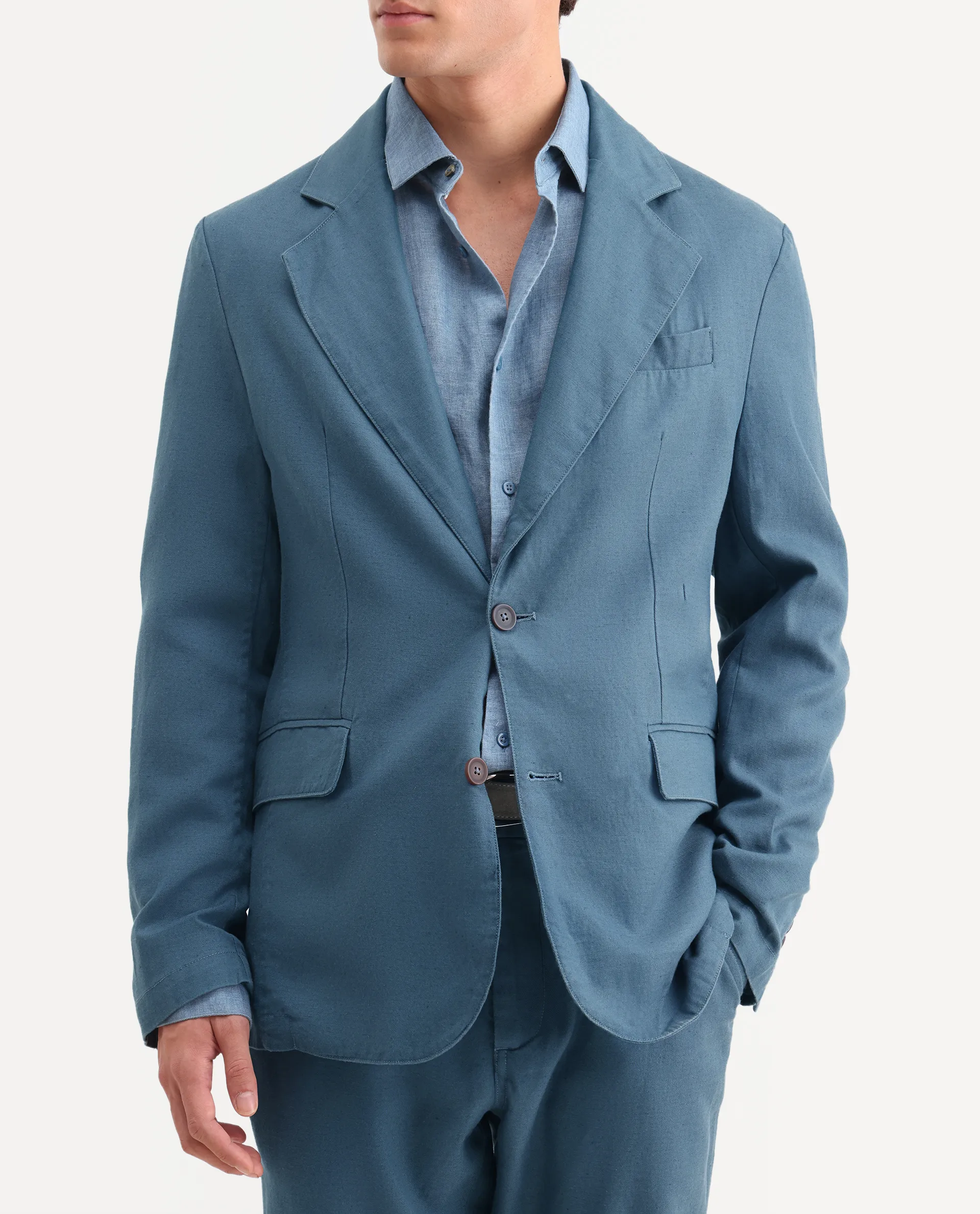 Rare Rabbit Men's Linol Dusky Petrol Linen Blend Fabric Lapel Neck Tailored Fit Plain Blazer - Image 3