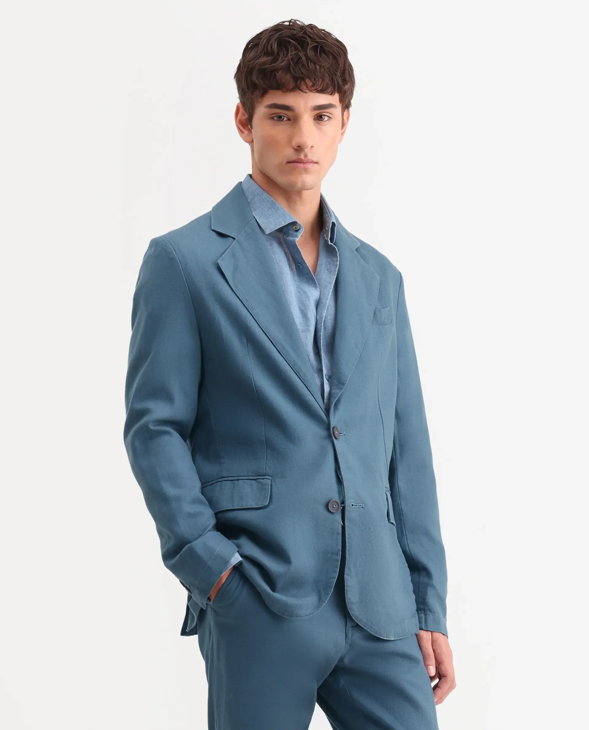 Rare Rabbit Men's Linol Dusky Petrol Linen Blend Fabric Lapel Neck Tailored Fit Plain Blazer - Image 4