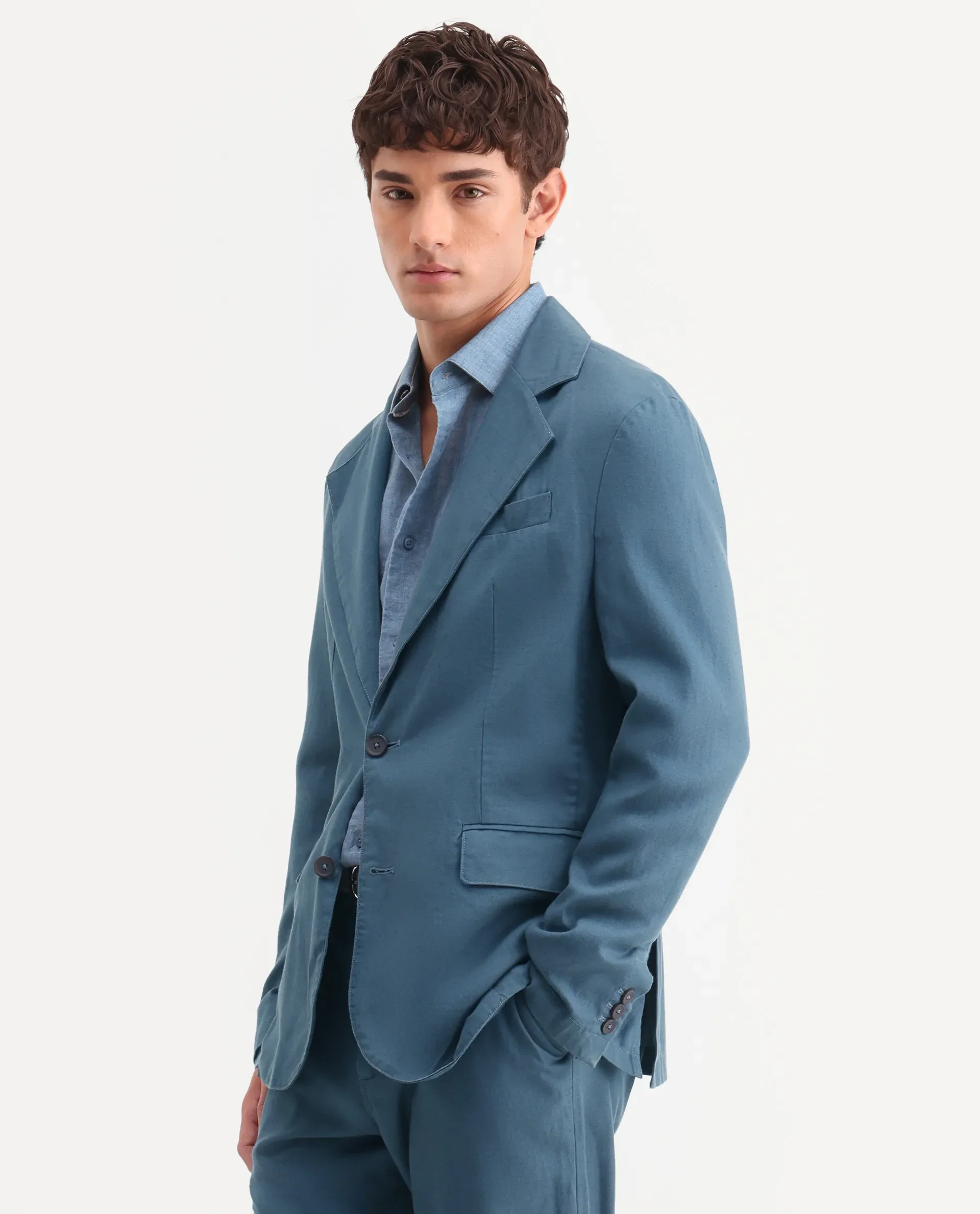 Rare Rabbit Men's Linol Dusky Petrol Linen Blend Fabric Lapel Neck Tailored Fit Plain Blazer - Image 5