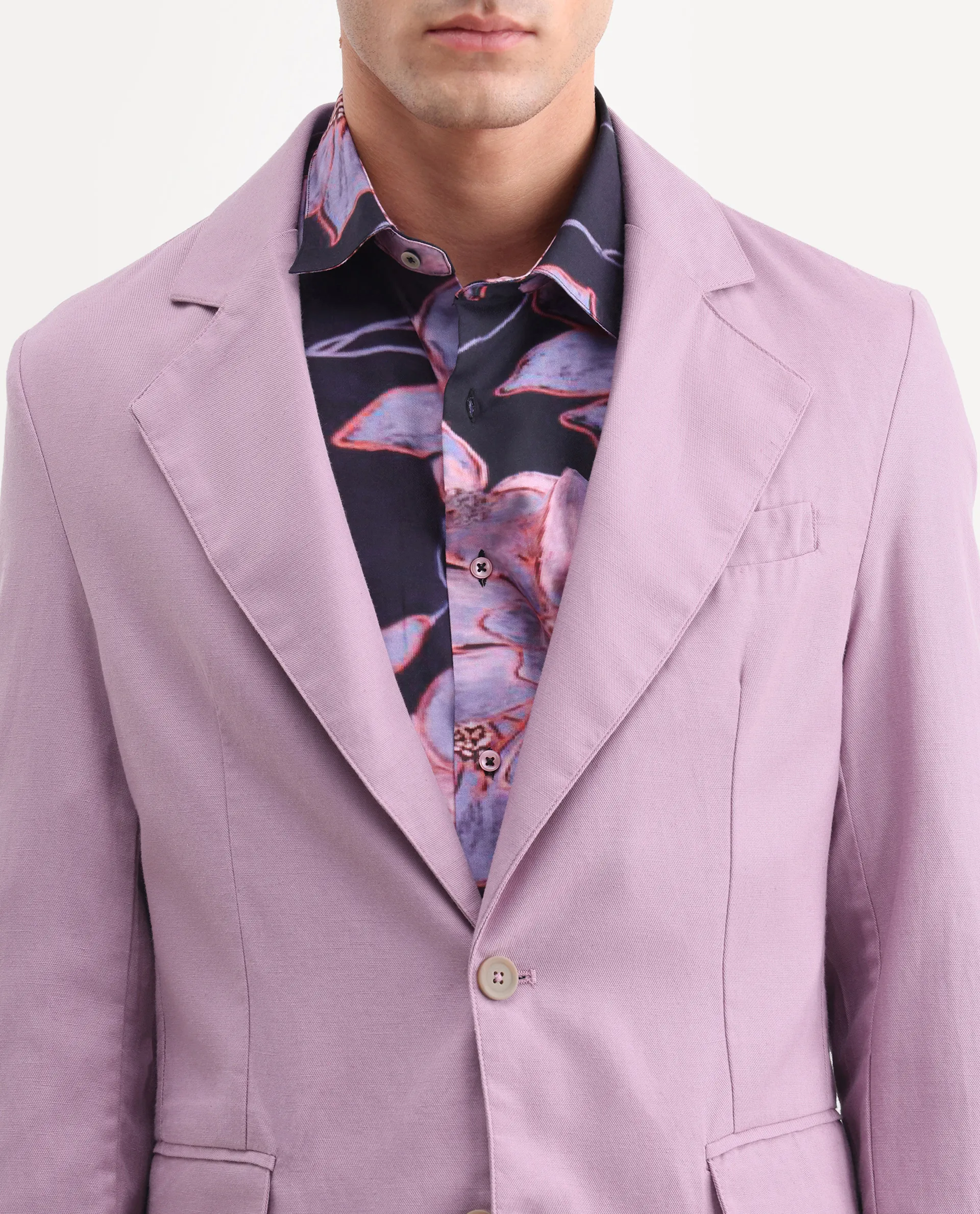 Rare Rabbit Men's Linol Dusky Pink Linen Blend Fabric Lapel Neck Tailored Fit Plain Blazer - Image 3
