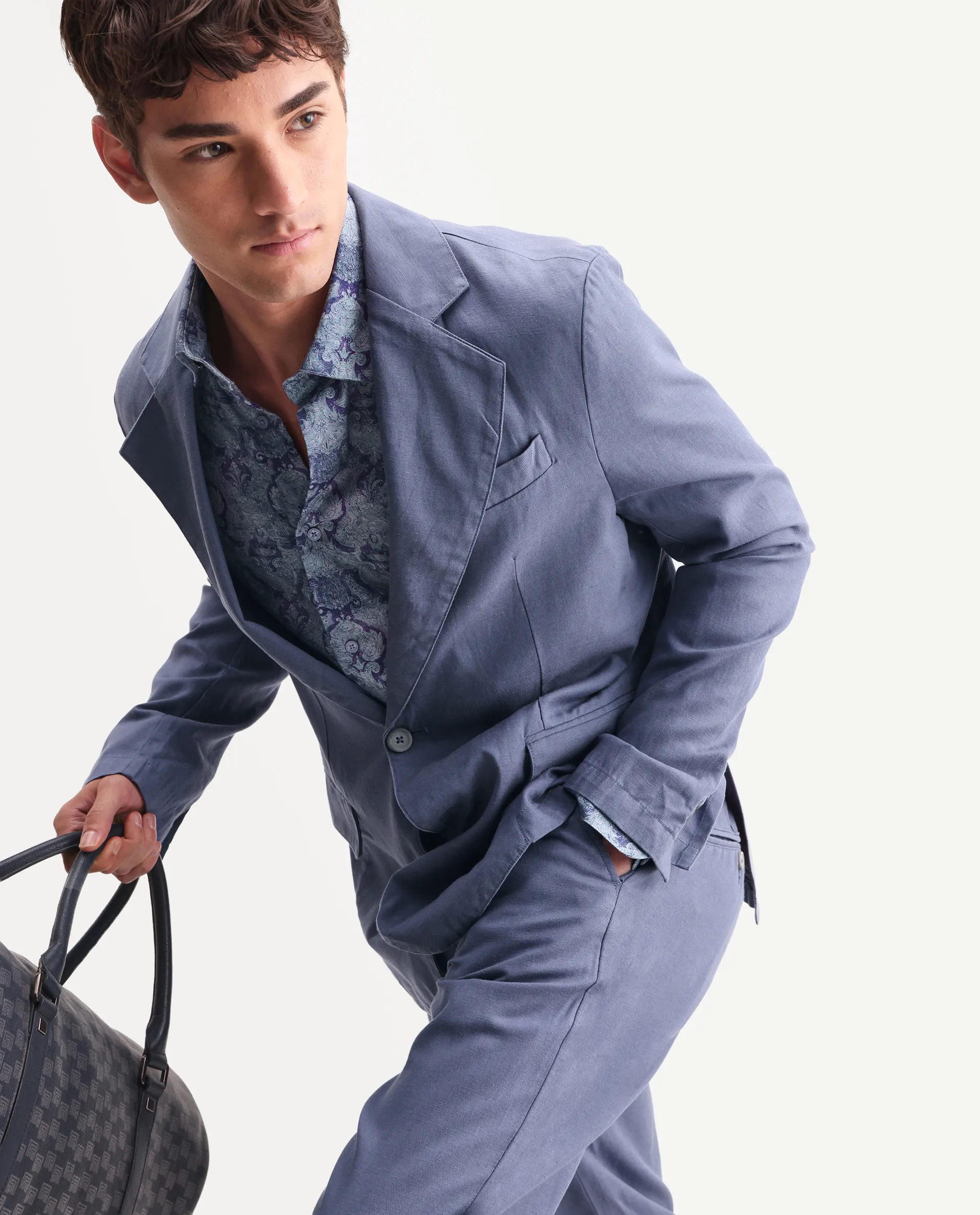 Rare Rabbit Men's Linol Dusky Purple Linen Blend Fabric Lapel Neck Tailored Fit Plain Blazer