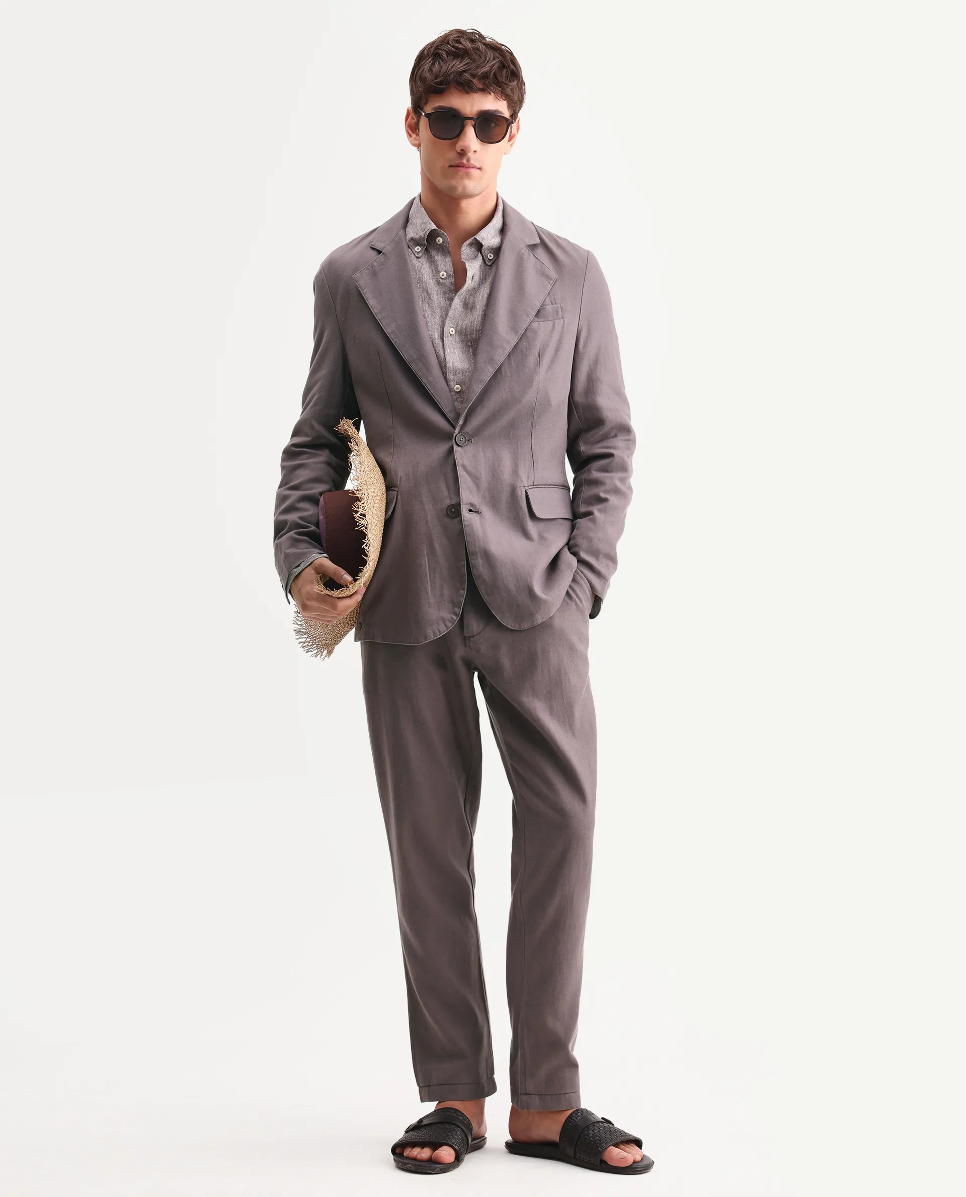 Rare Rabbit Men's Linol Grey Linen Blend Fabric Lapel Neck Tailored Fit Plain Blazer - Image 2