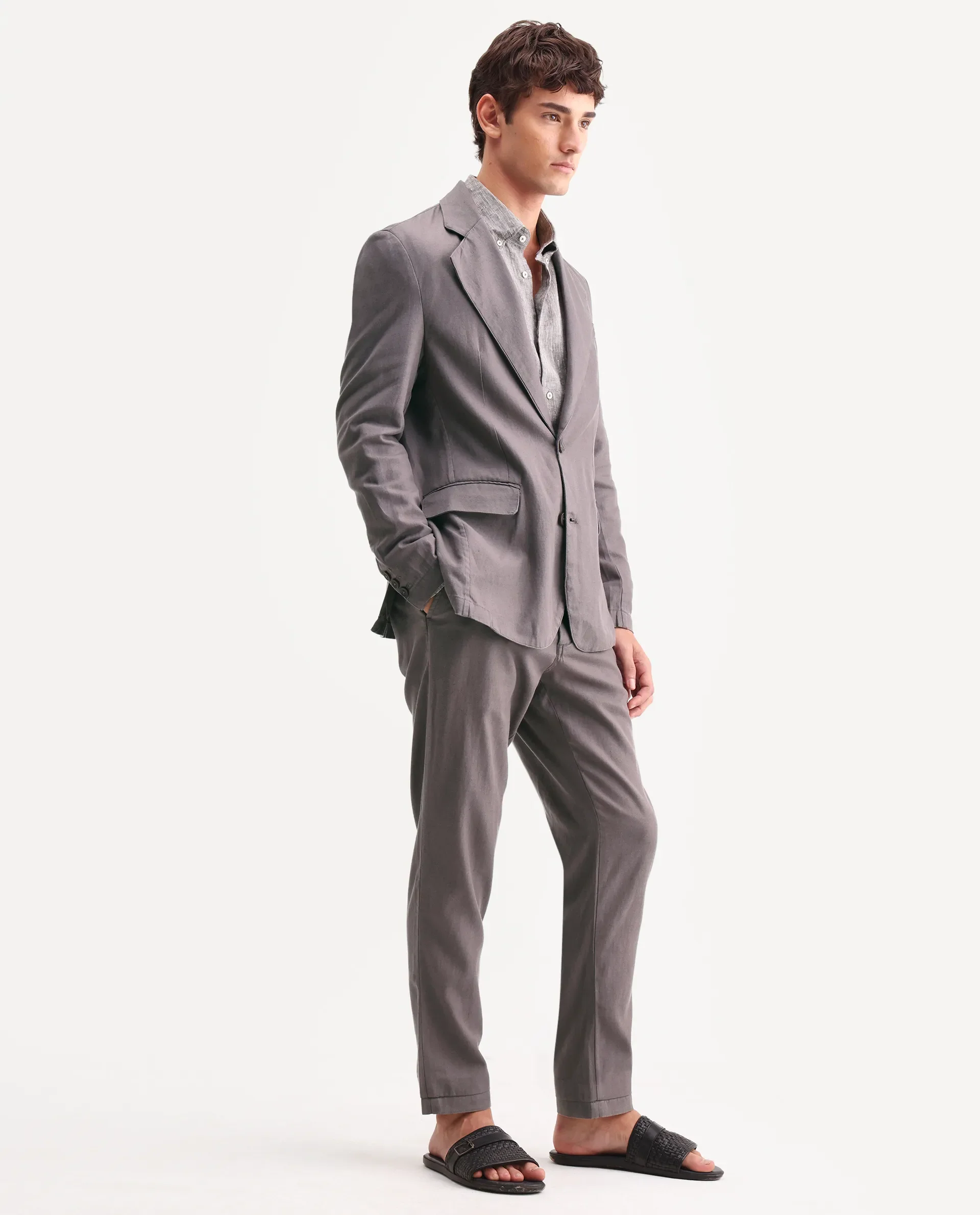 Rare Rabbit Men's Linol Grey Linen Blend Fabric Lapel Neck Tailored Fit Plain Blazer - Image 5