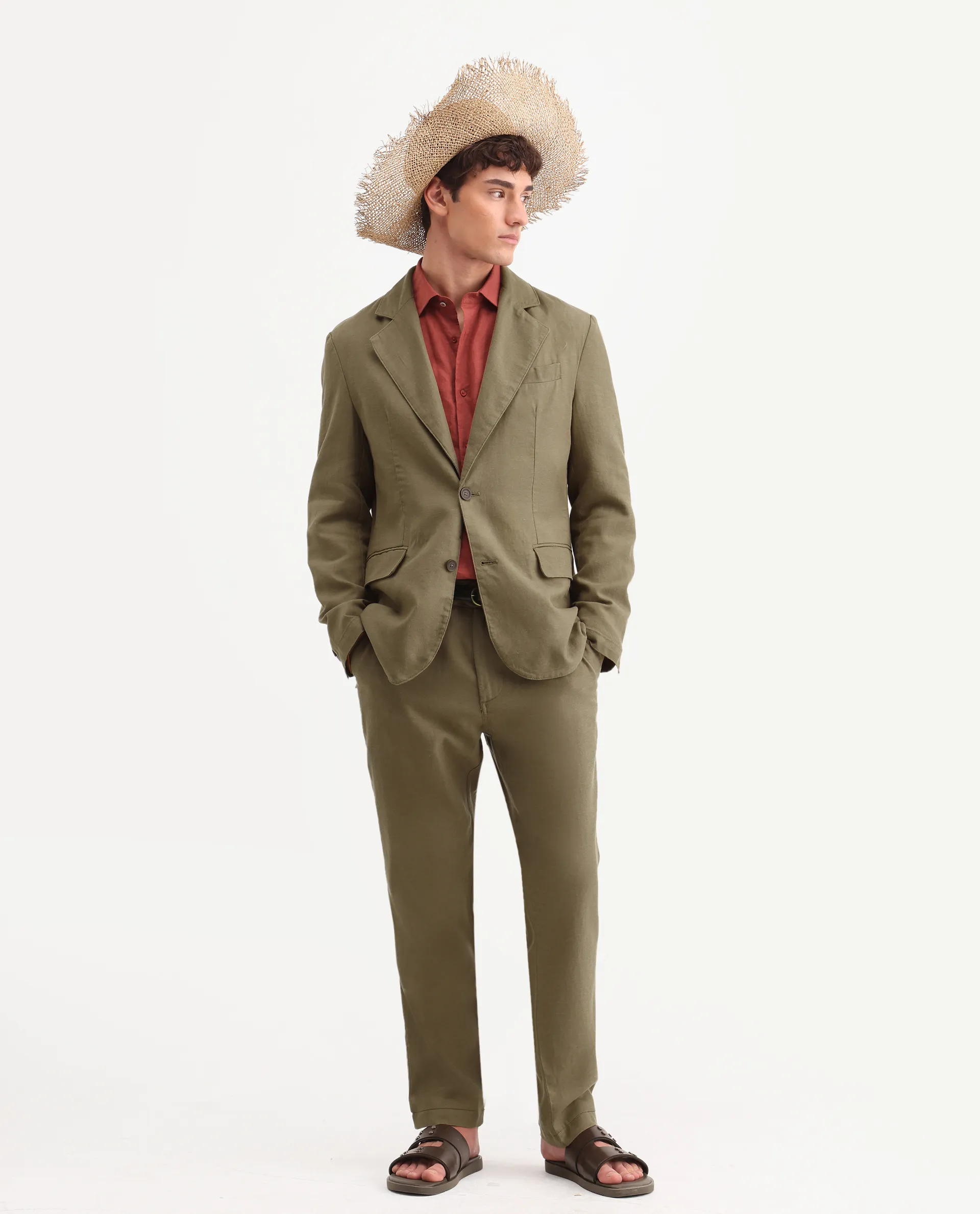 Rare Rabbit Men's Linol Khaki Linen Blend Fabric Lapel Neck Tailored Fit Plain Blazer - Image 2