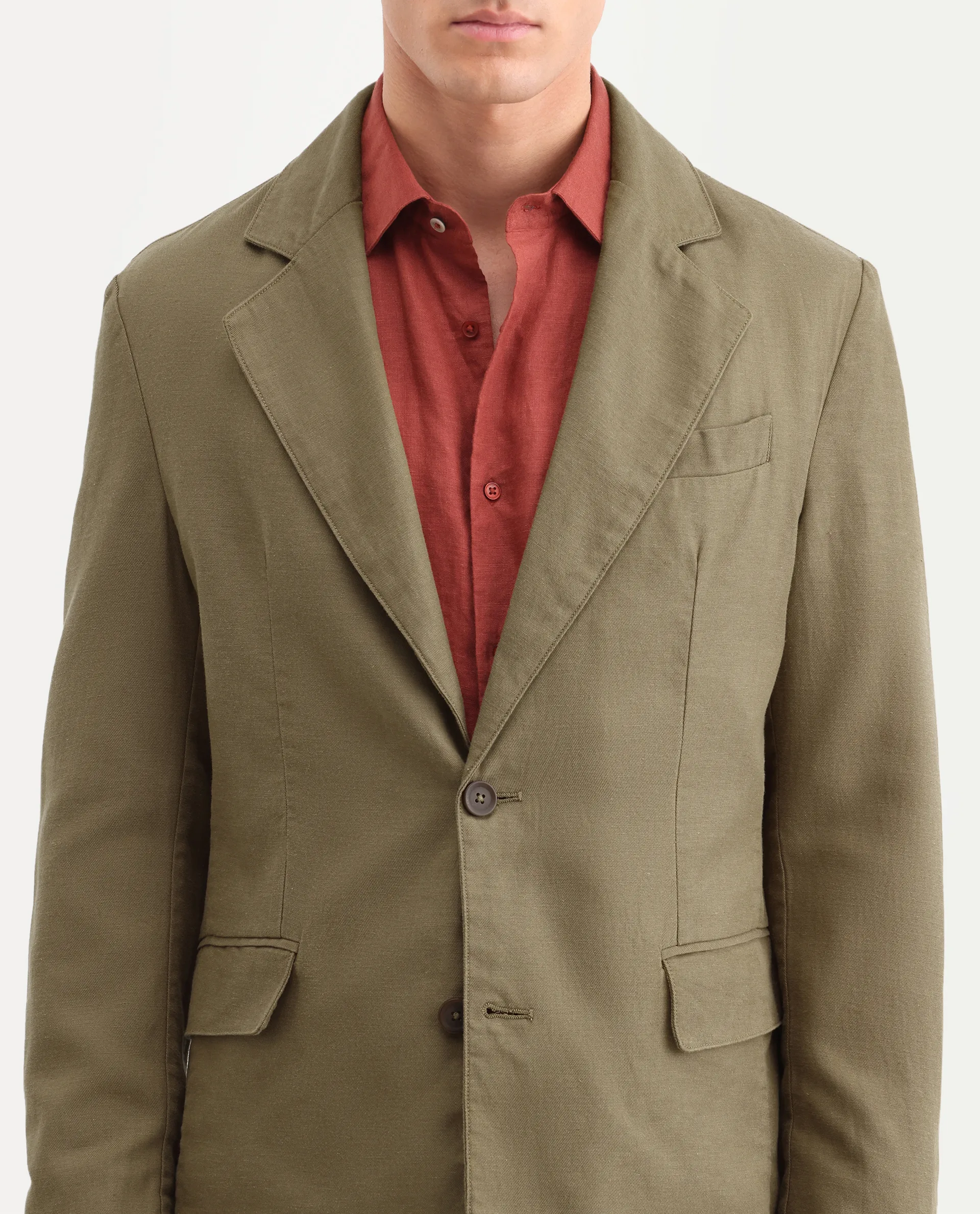 Rare Rabbit Men's Linol Khaki Linen Blend Fabric Lapel Neck Tailored Fit Plain Blazer - Image 3