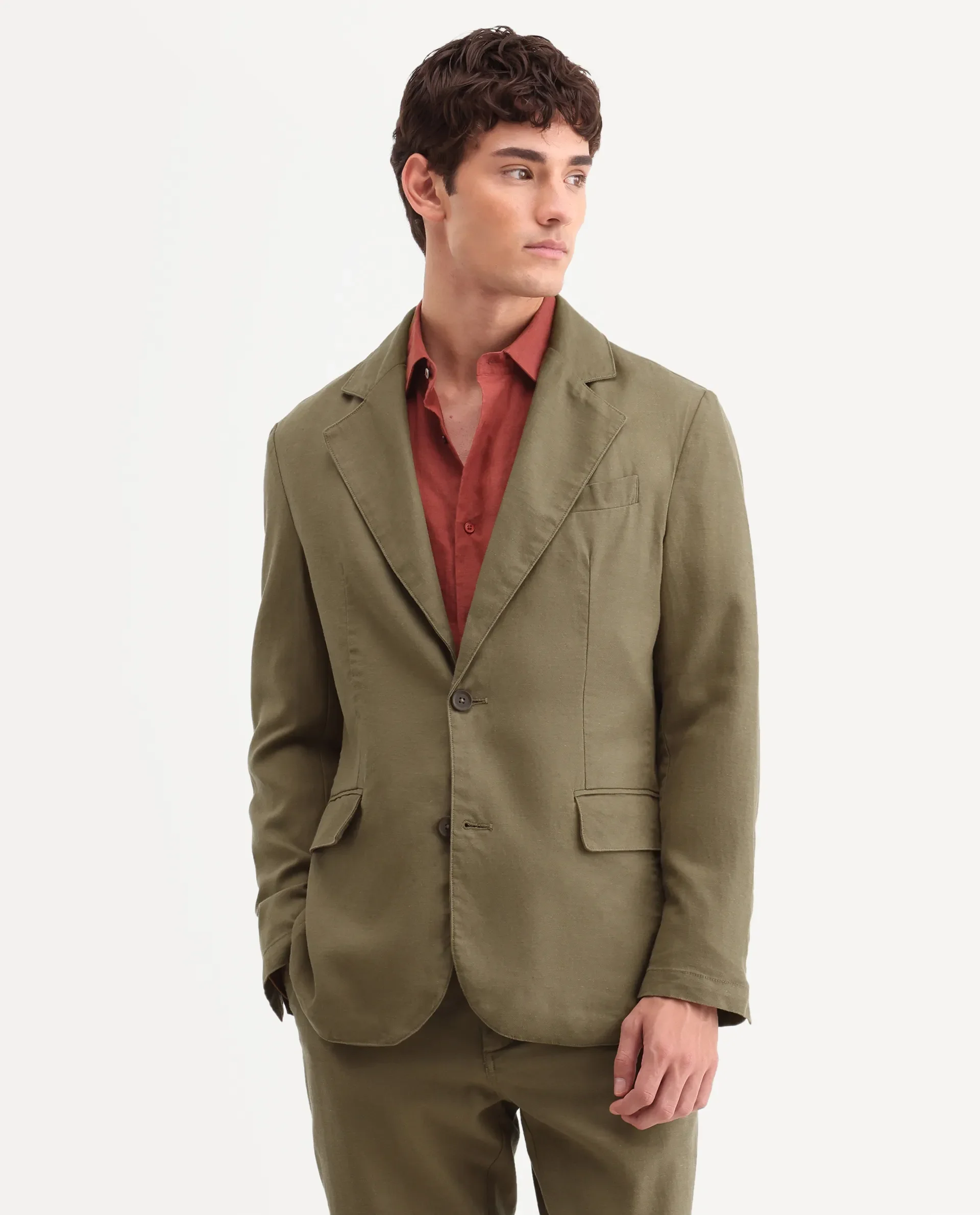 Rare Rabbit Men's Linol Khaki Linen Blend Fabric Lapel Neck Tailored Fit Plain Blazer - Image 4