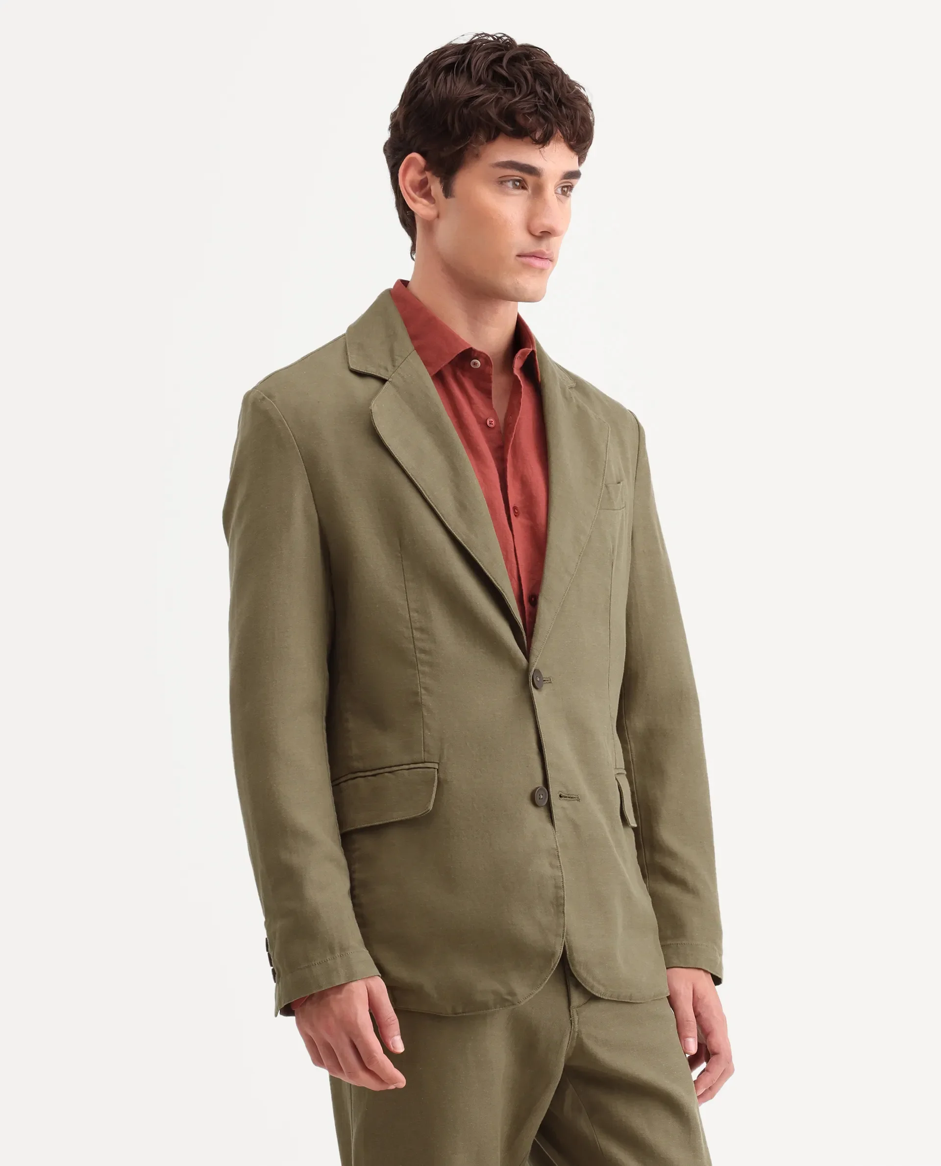 Rare Rabbit Men's Linol Khaki Linen Blend Fabric Lapel Neck Tailored Fit Plain Blazer - Image 5