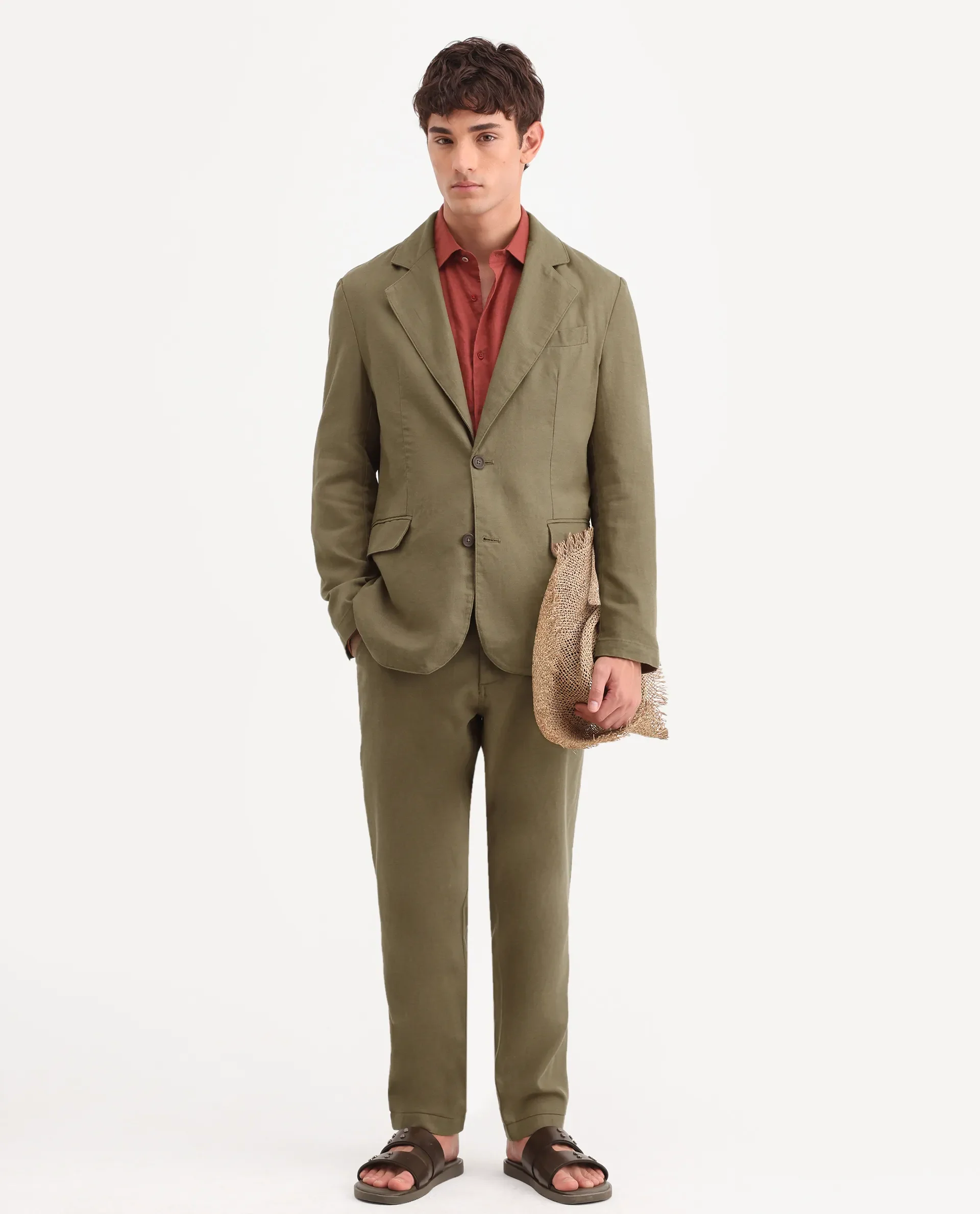 Rare Rabbit Men's Linol Khaki Linen Blend Fabric Lapel Neck Tailored Fit Plain Blazer - Image 6
