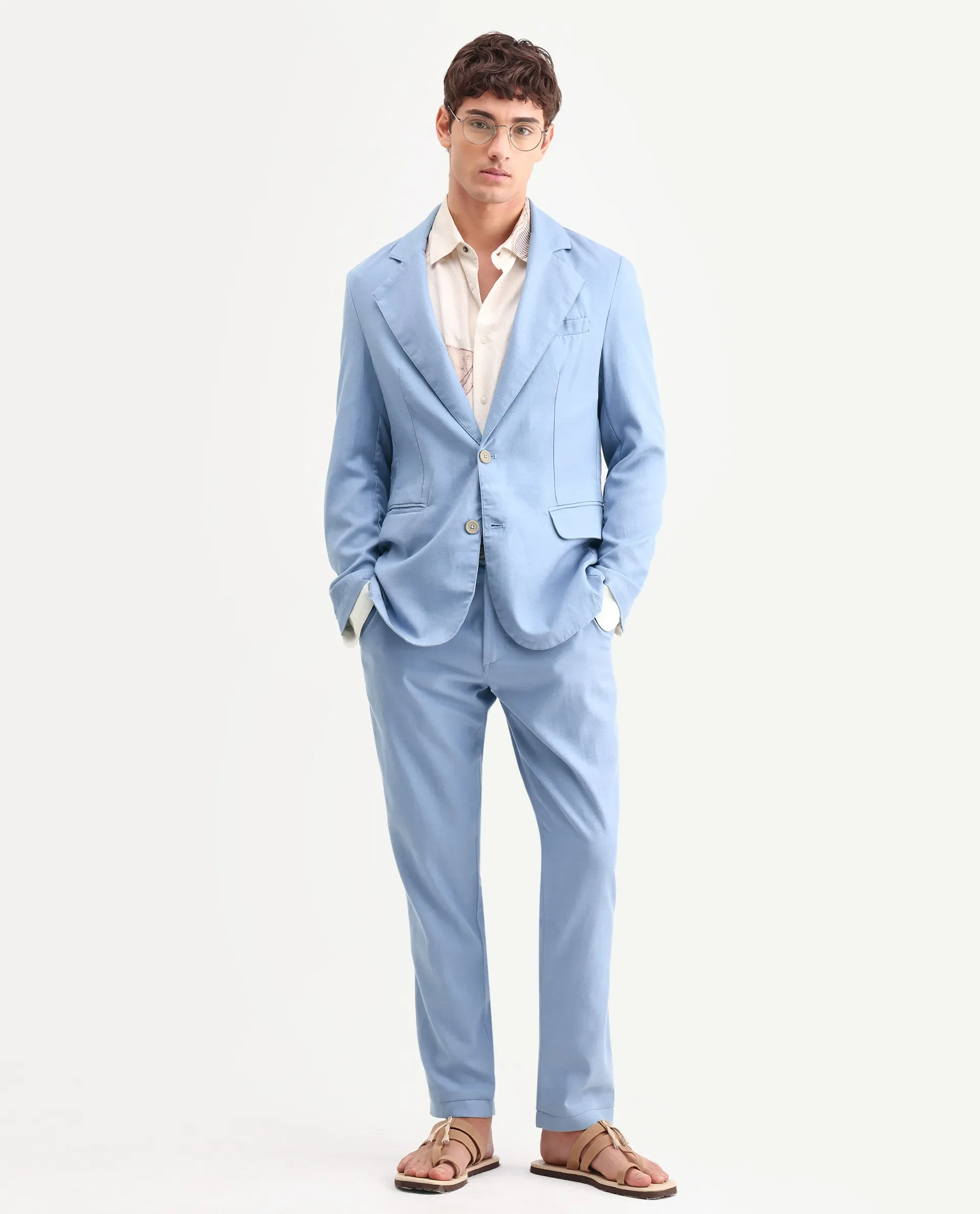 Rare Rabbit Men's Linol Light Blue Linen Blend Fabric Lapel Neck Tailored Fit Plain Blazer - Image 2
