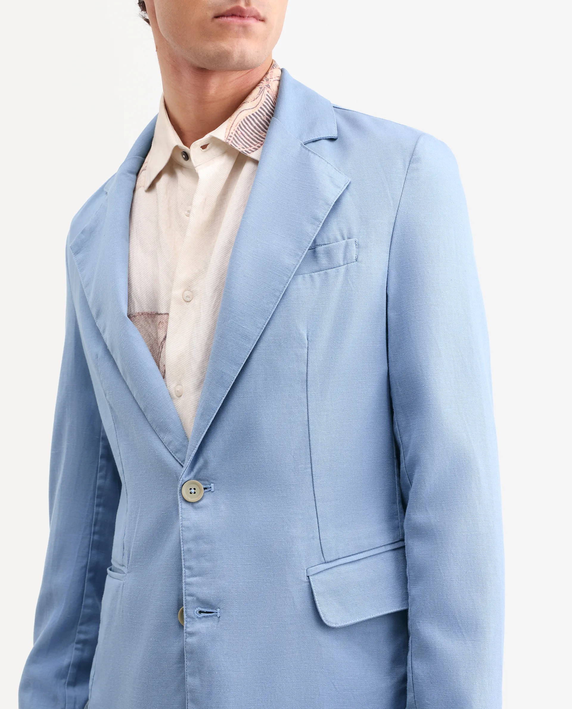 Rare Rabbit Men's Linol Light Blue Linen Blend Fabric Lapel Neck Tailored Fit Plain Blazer - Image 3
