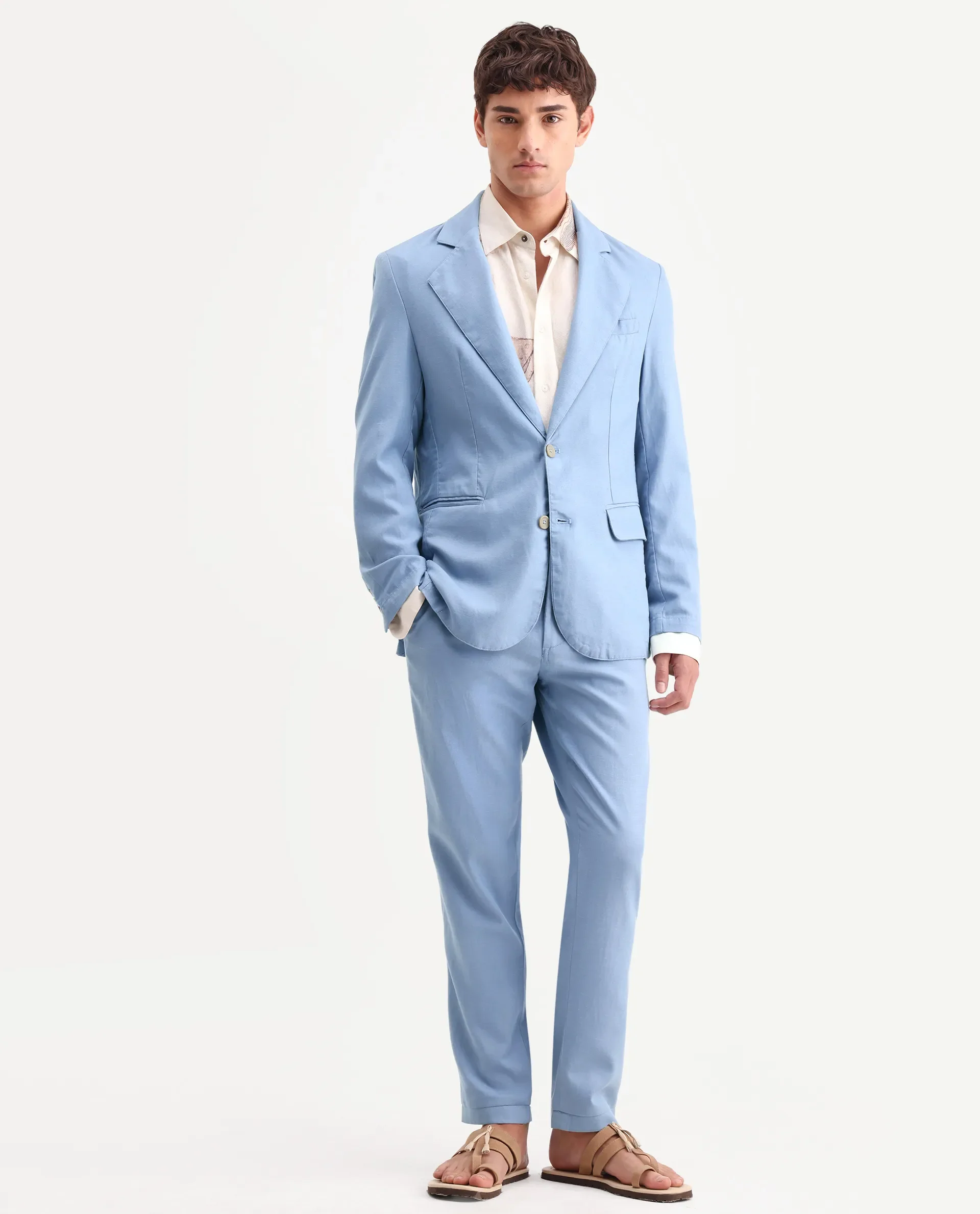 Rare Rabbit Men's Linol Light Blue Linen Blend Fabric Lapel Neck Tailored Fit Plain Blazer - Image 4