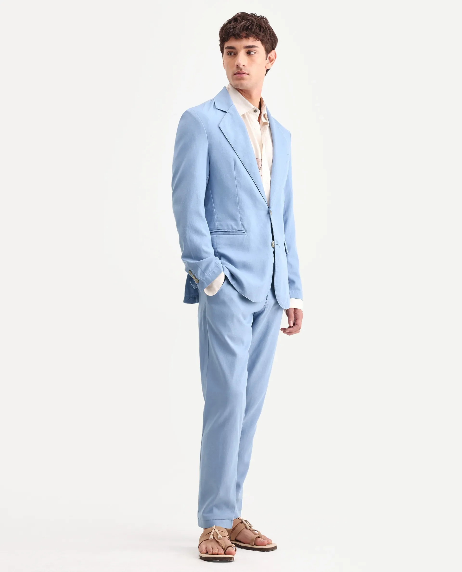 Rare Rabbit Men's Linol Light Blue Linen Blend Fabric Lapel Neck Tailored Fit Plain Blazer - Image 5