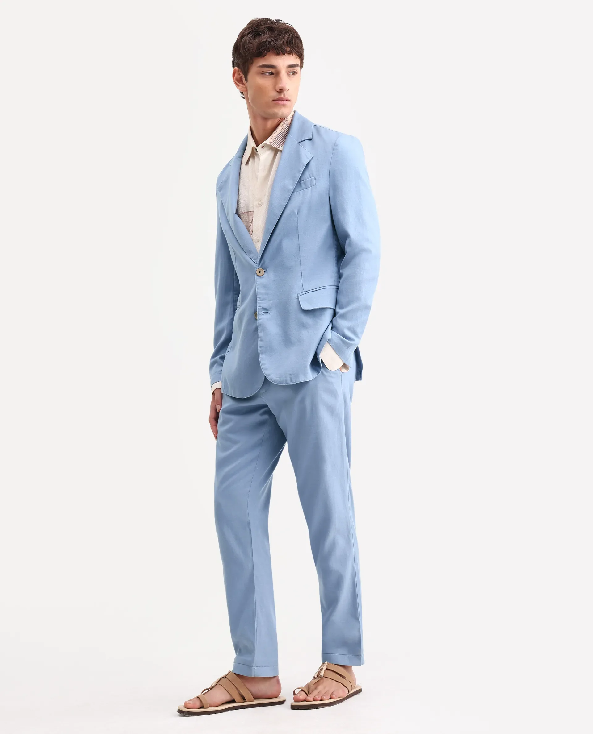 Rare Rabbit Men's Linol Light Blue Linen Blend Fabric Lapel Neck Tailored Fit Plain Blazer - Image 6
