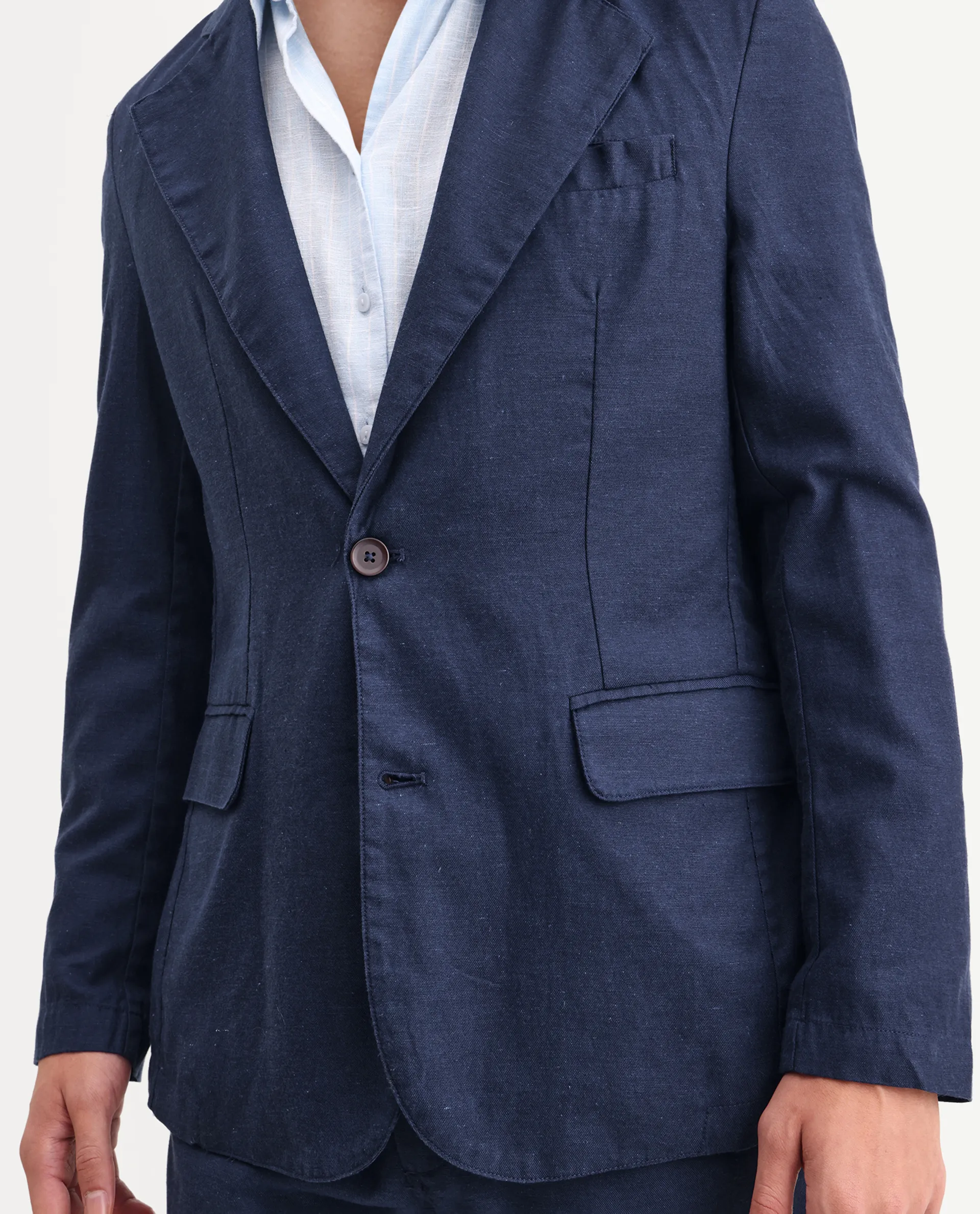 Rare Rabbit Men's Linol Navy Linen Blend Fabric Lapel Neck Tailored Fit Plain Blazer - Image 2