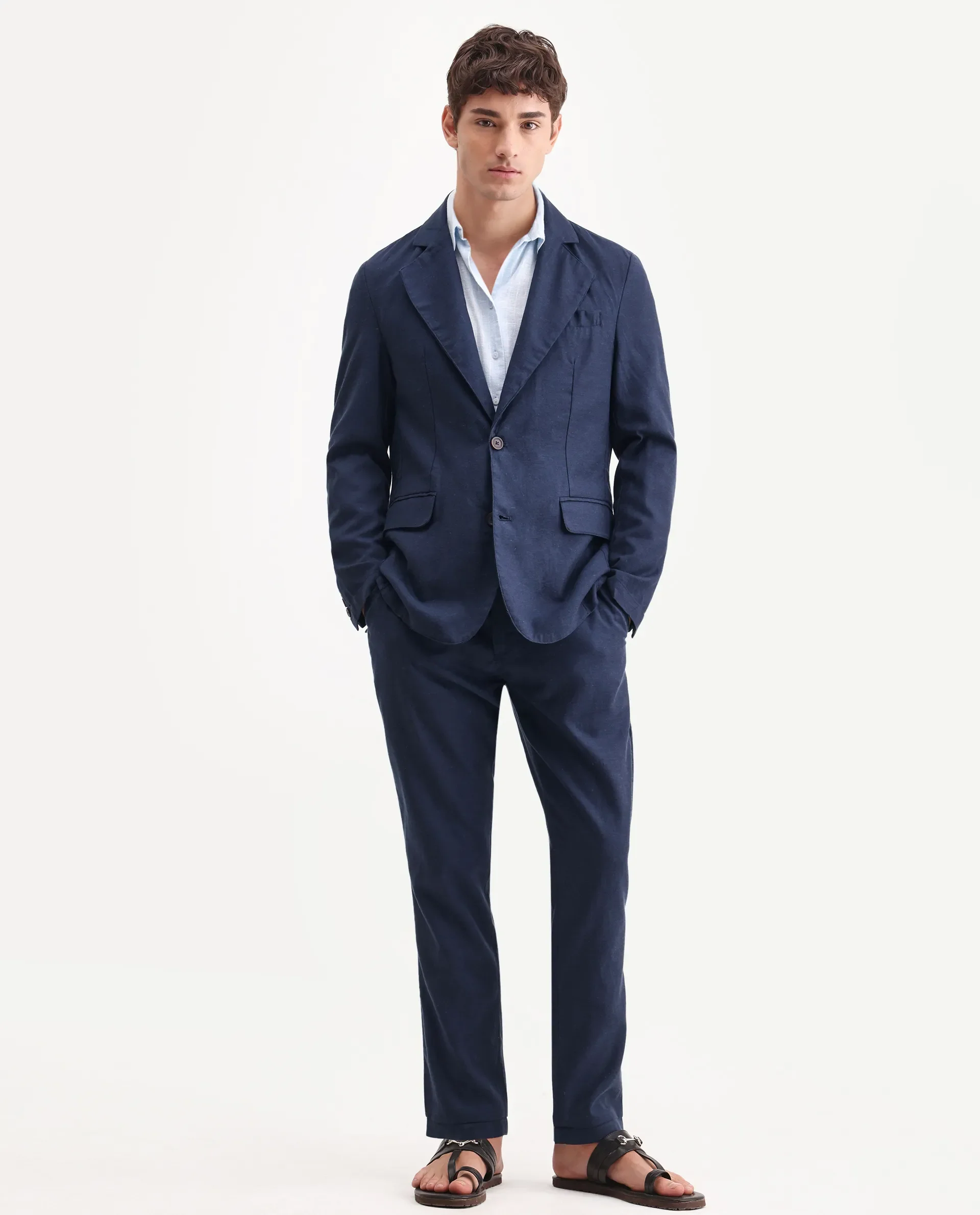 Rare Rabbit Men's Linol Navy Linen Blend Fabric Lapel Neck Tailored Fit Plain Blazer - Image 3