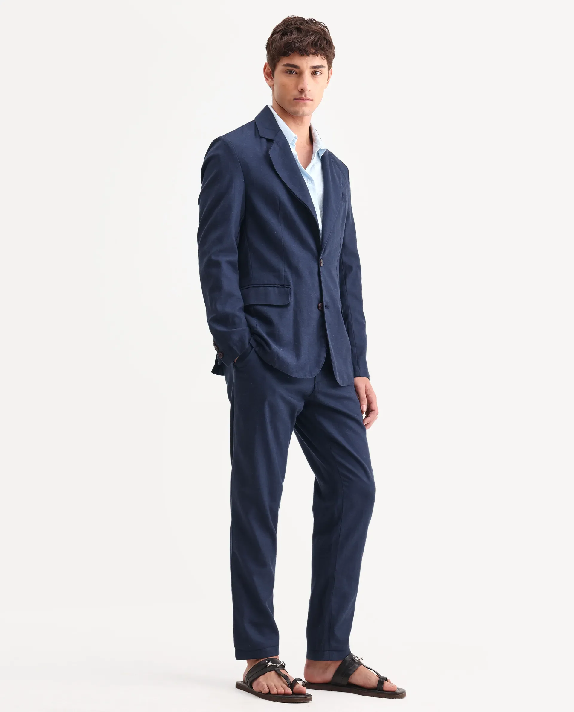 Rare Rabbit Men's Linol Navy Linen Blend Fabric Lapel Neck Tailored Fit Plain Blazer - Image 4
